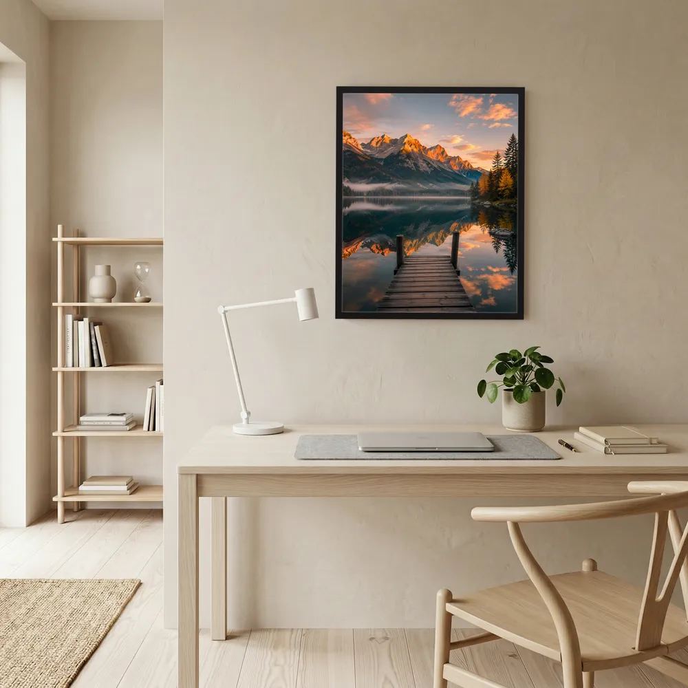 Gerahmtes Kunstposter: Steg am Bergsee mit Alpenpanorama und Spiegelung