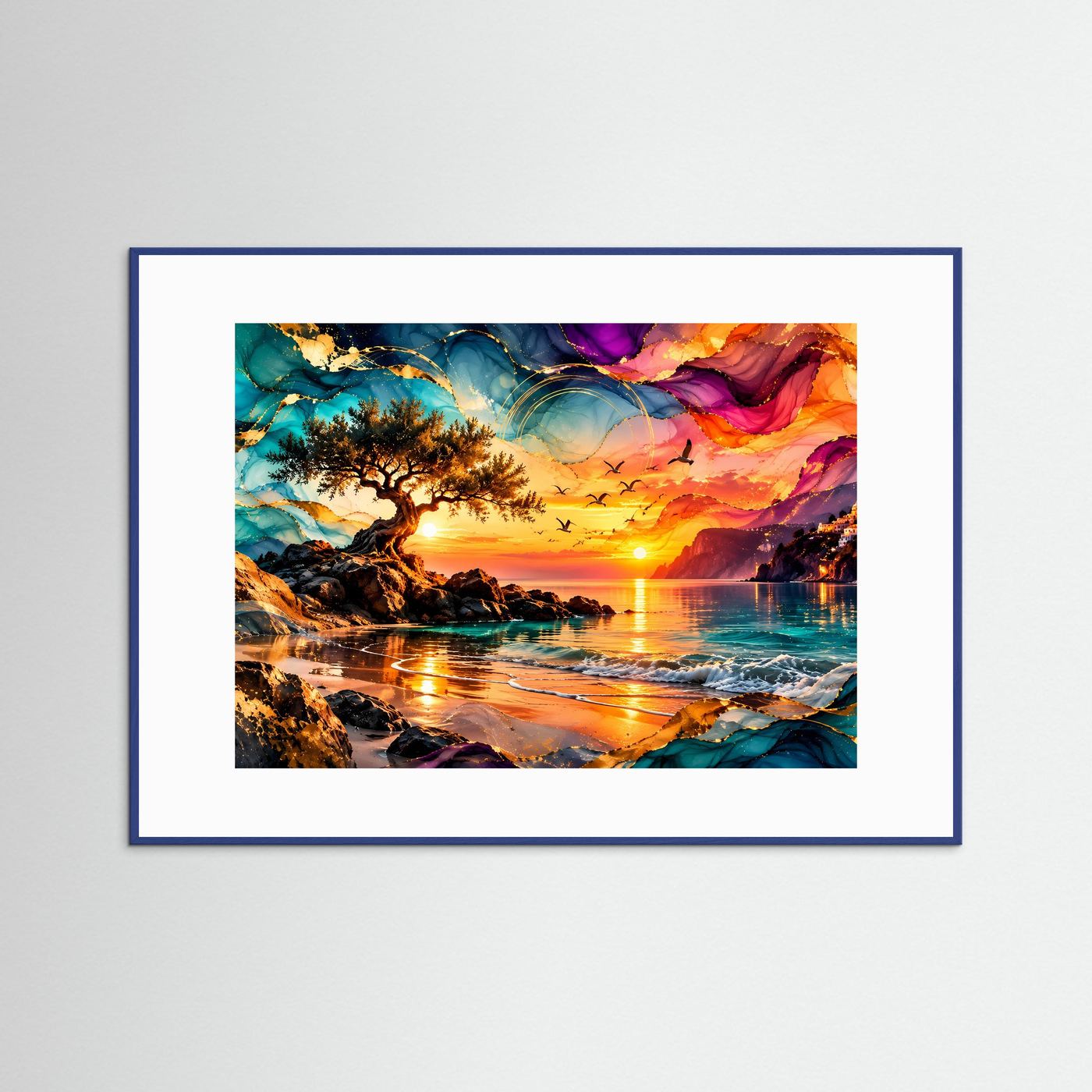 Mediterrane Küste Poster | Abstrakter Sonnenuntergang am Meer | Traumstrand Wandbild | Farbenfrohe Küstenlandschaft Leinwand | Luxuriöse Wall Art
