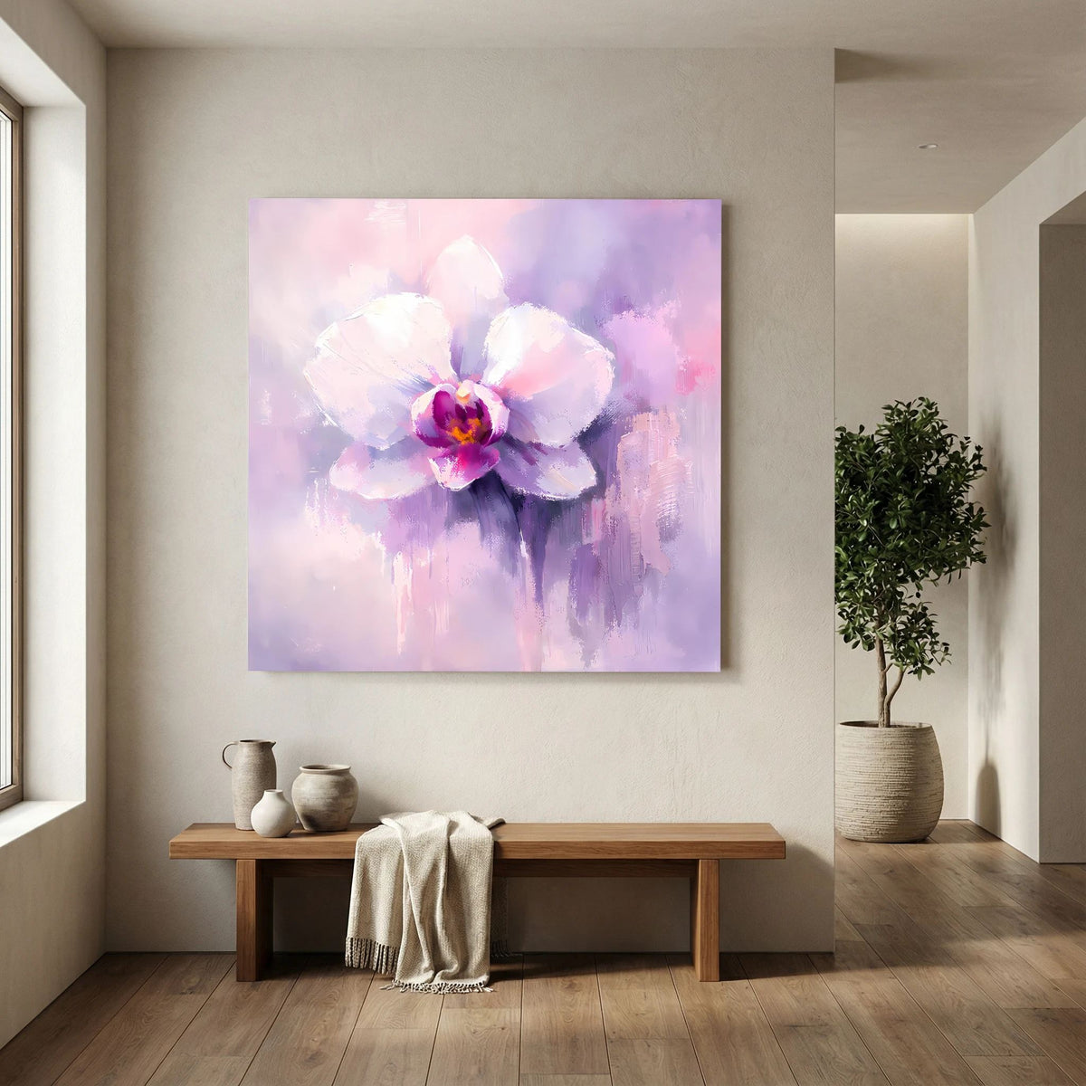 Quadratisches Leinwand-Wandbild mit Orchideenblüte in pastelligen Lila-, Pink- und Weißtönen