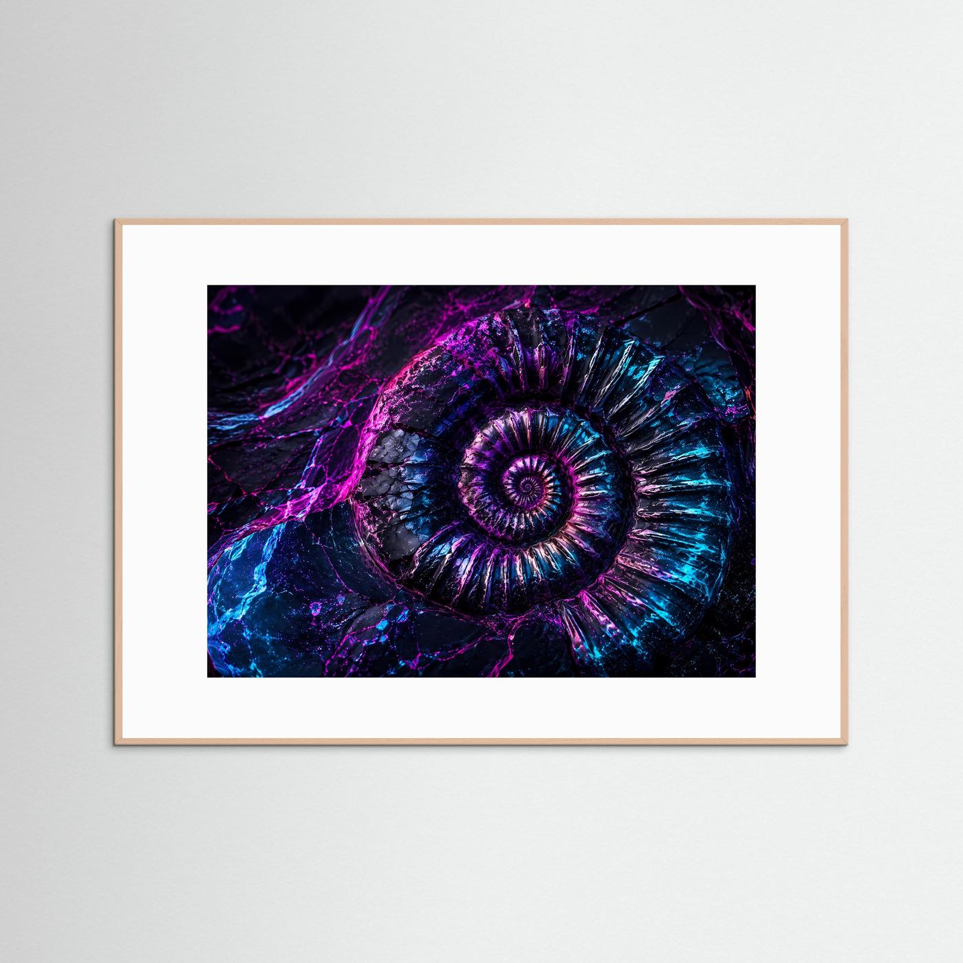 Neon Ammonit Fossil | Abstrakte Muschel in Lila & Blau