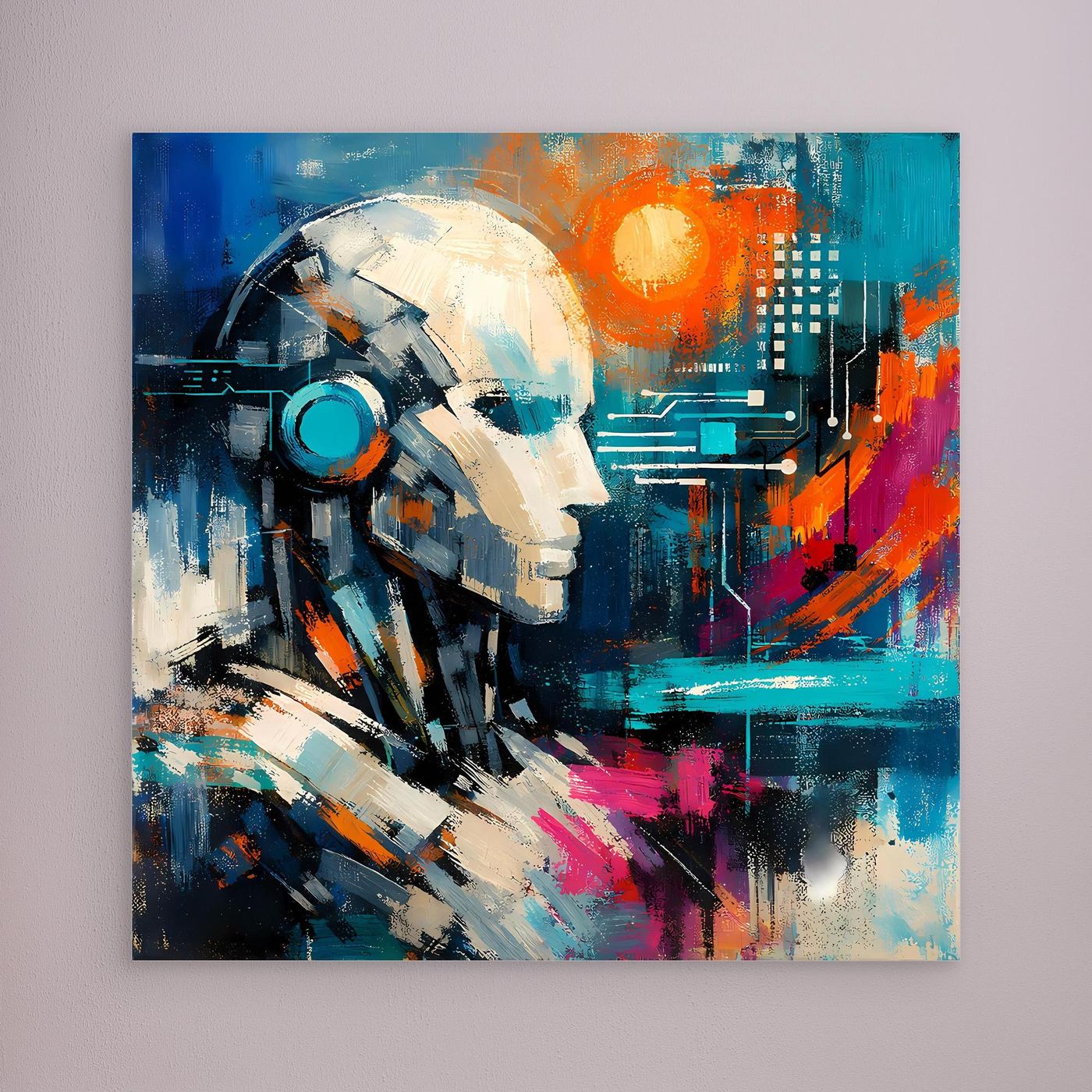 Abstract robot face canvas with blue, orange, and magenta paint strokes, no frame