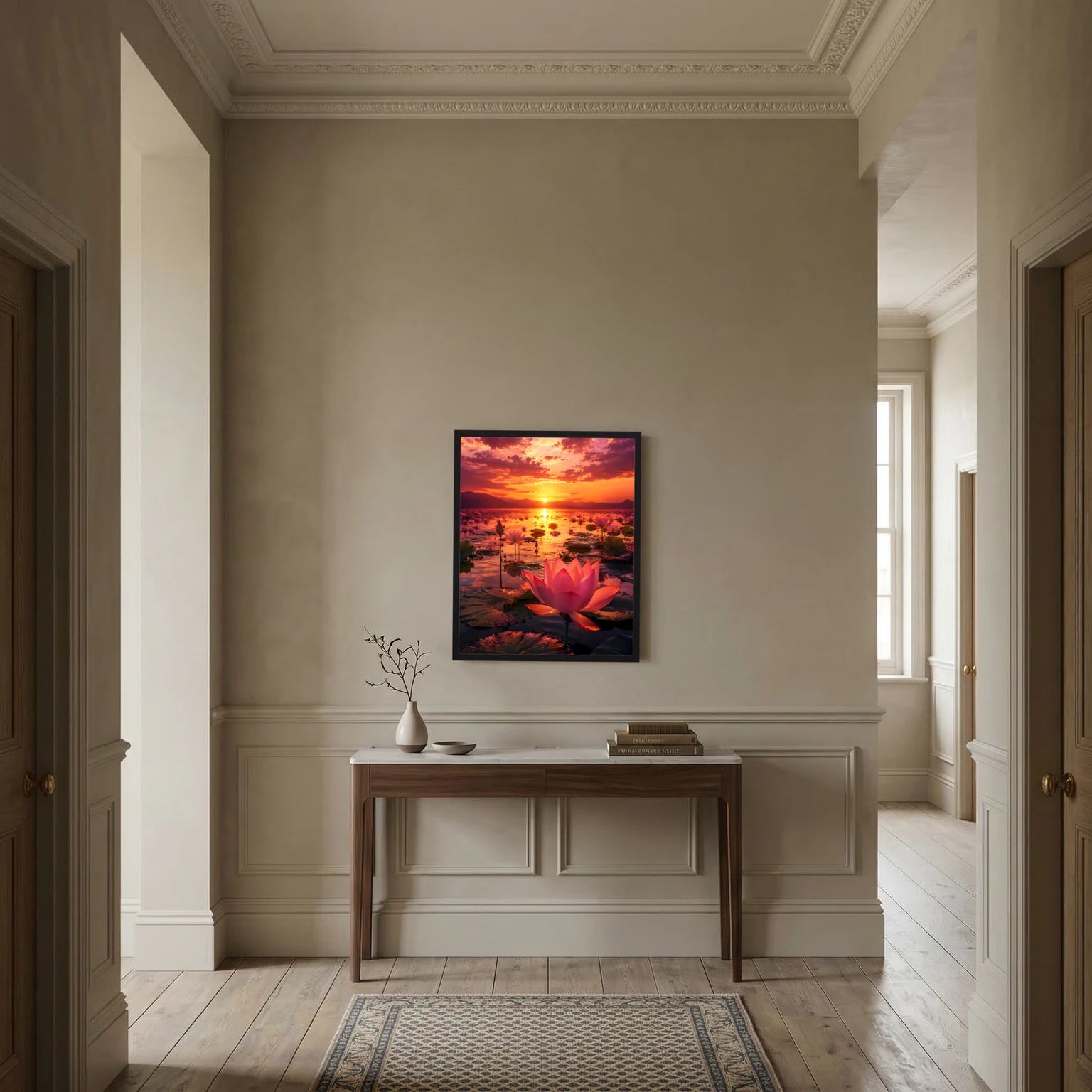 Gerahmte Wandkunst im Hochformat mit rosa Lotusblüte im Sonnenuntergang