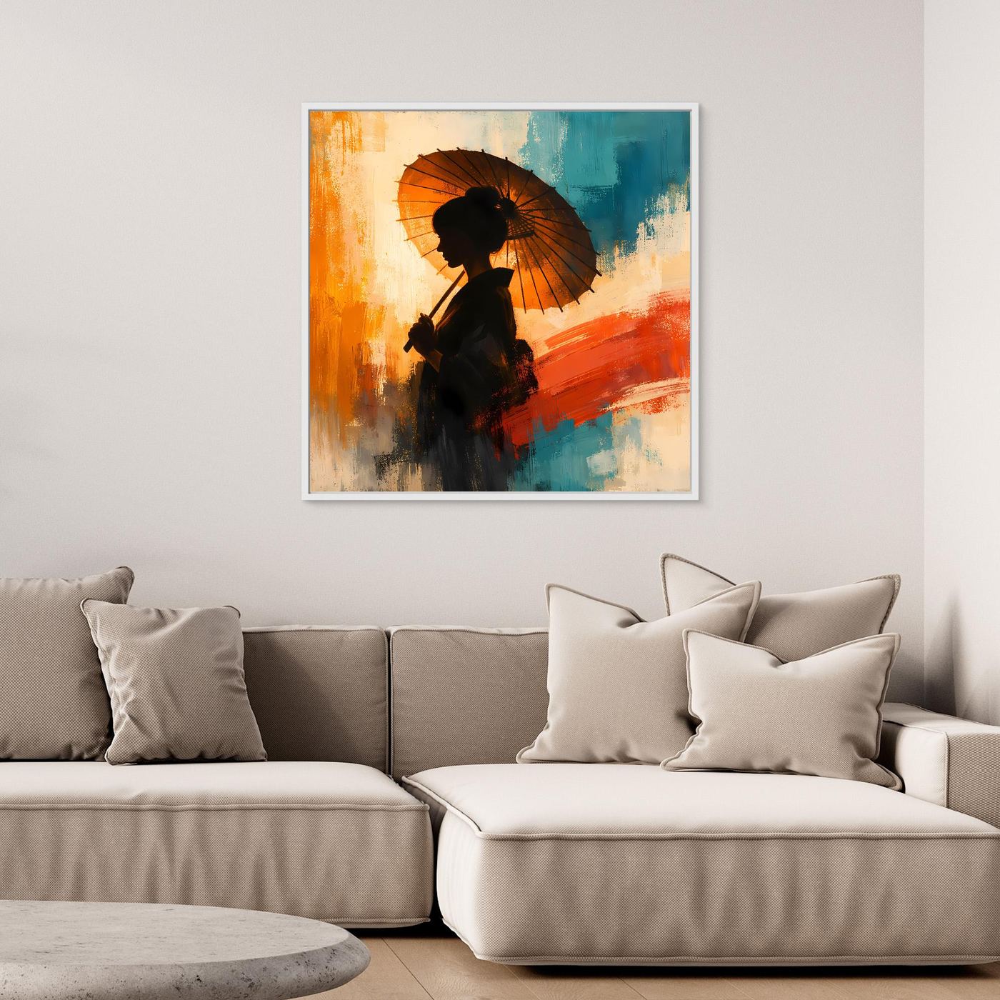 Leinwand Elegante Frau mit Sonnenschirm | Ästhetisches Japanisches Wandbild auf Keilrahmen