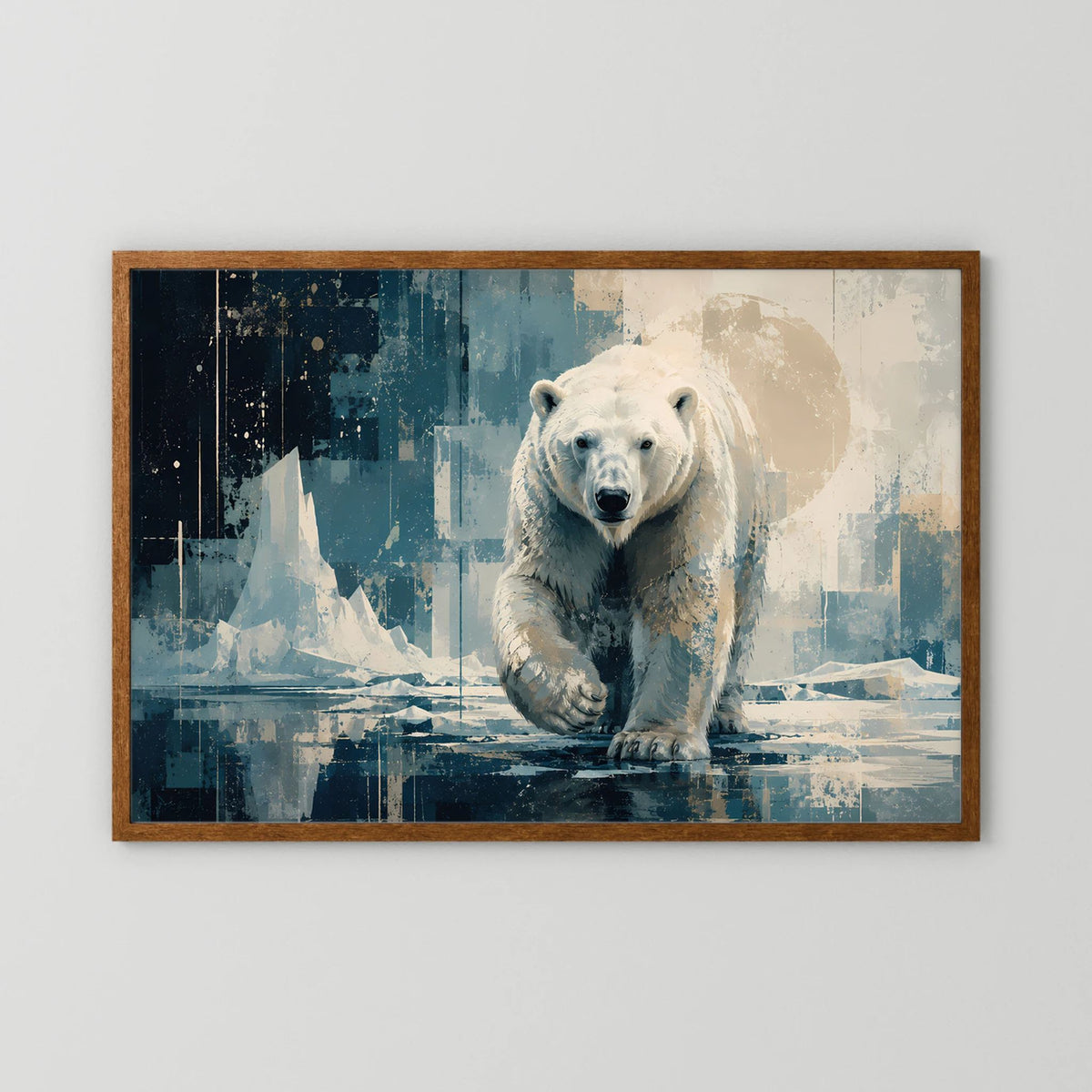 Gerahmtes Eisbär-Poster im Querformat, Blau-Beige-Abstraktbild, brauner Holzrahmen