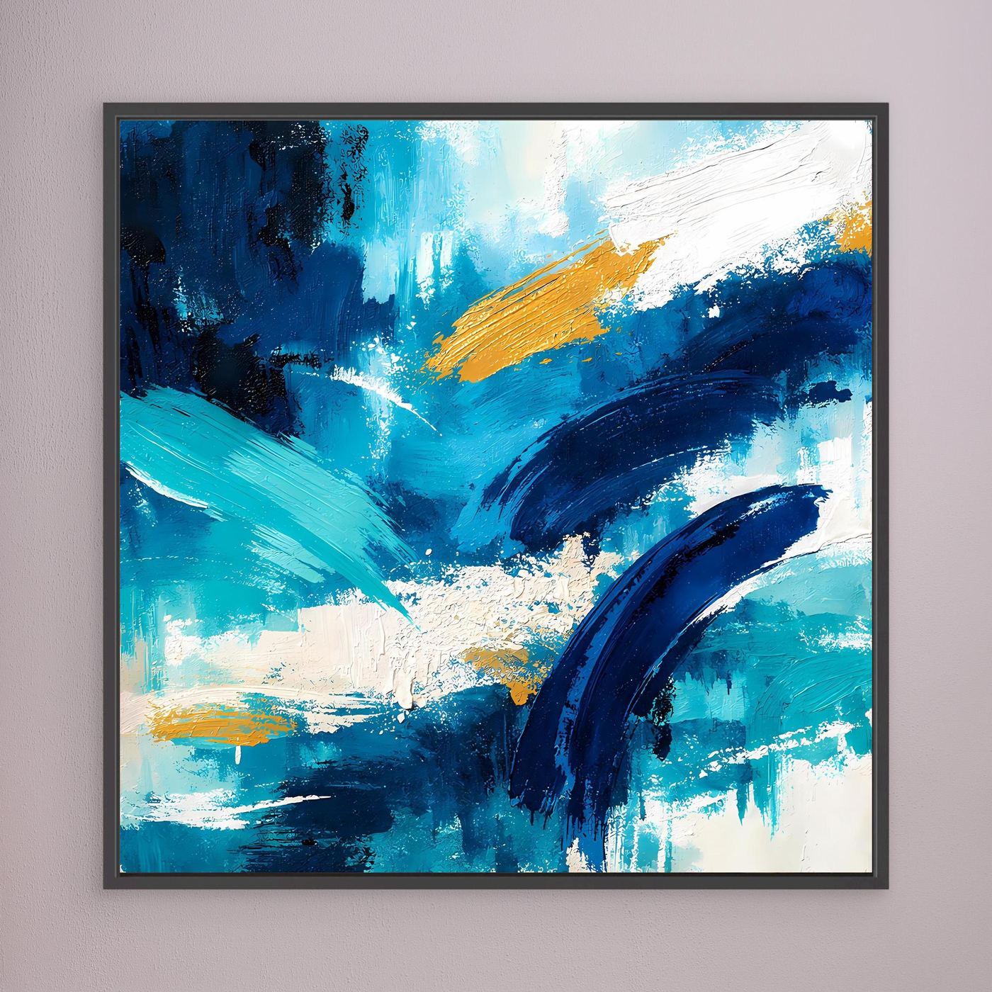 Abstract blue and gold canvas wall art with black frame