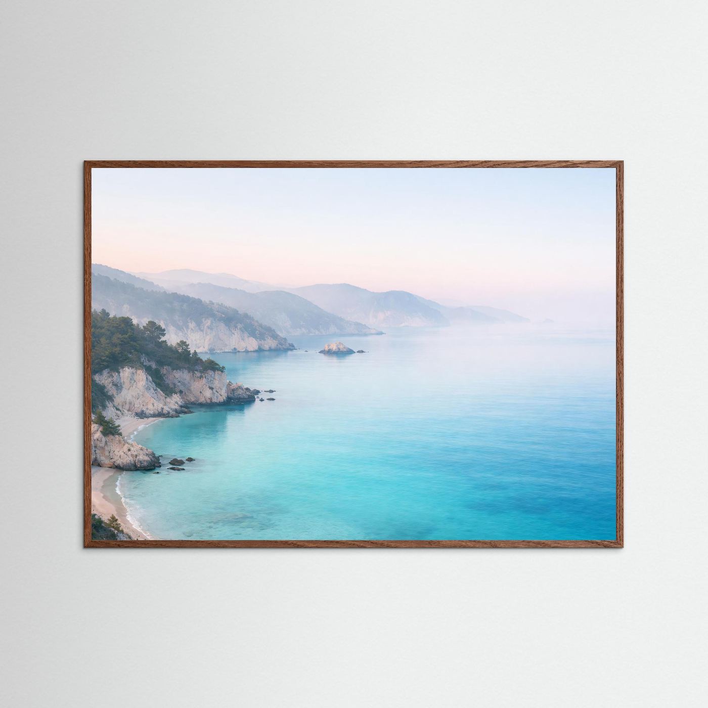 Poster Querformat im dunklen Eichenrahmen mit Küstenlandschaft und türkisblauem Meer