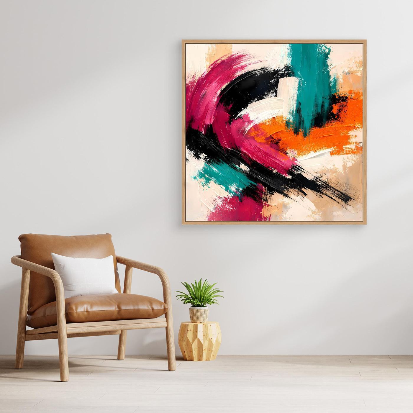 Abstraktes Leinwandbild mit Farbwirbeln in Pink, Grün und Orange, goldbrauner Rahmen