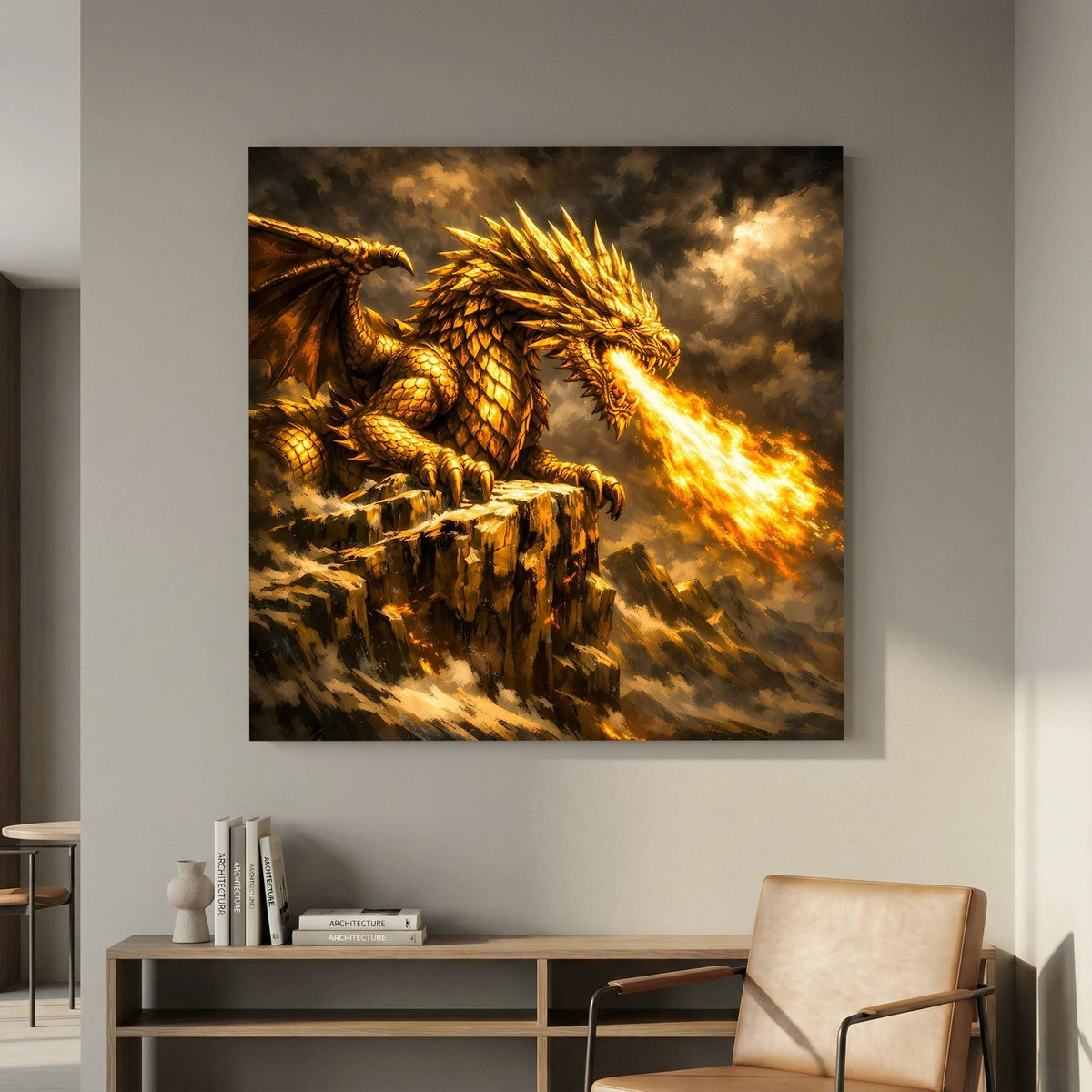 Gerahmtes Fantasy-Leinwandbild: goldener Drache auf Klippe, Flammenatem nach rechts