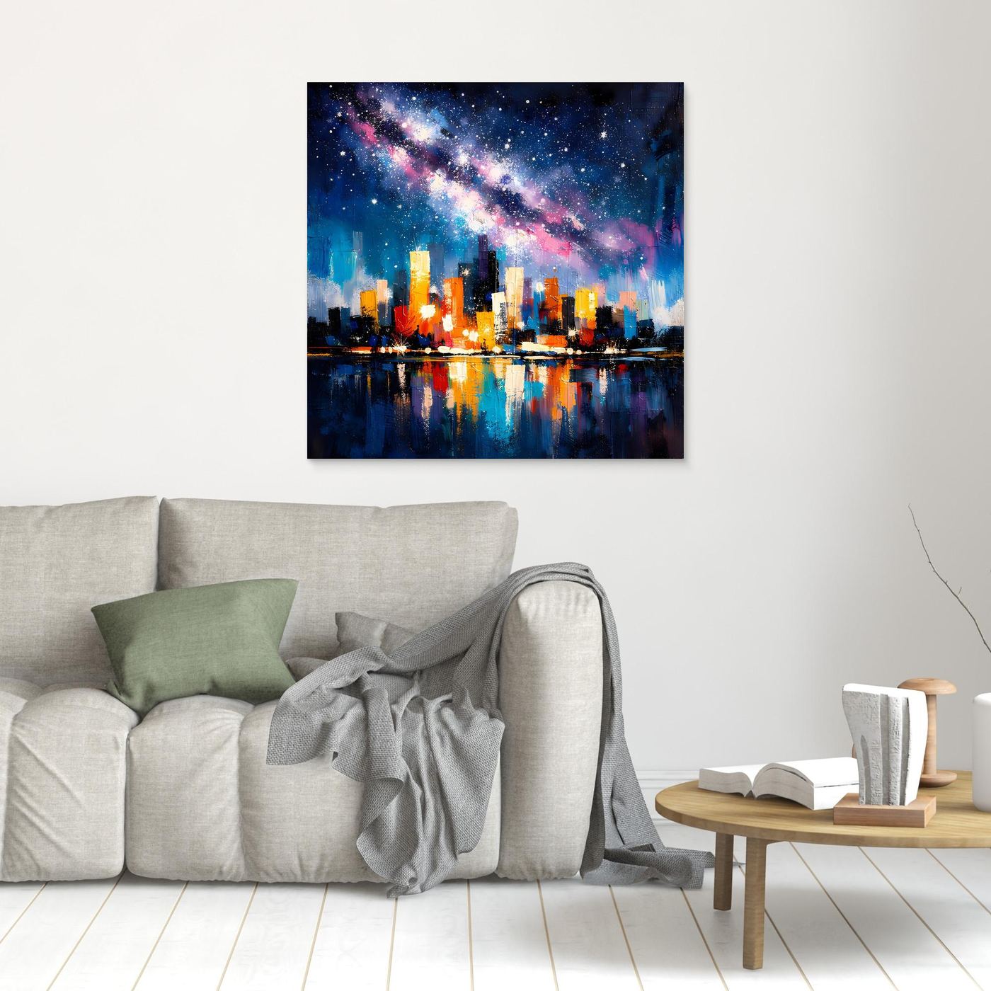 Square city skyline canvas wall art with Milky Way stars and reflections