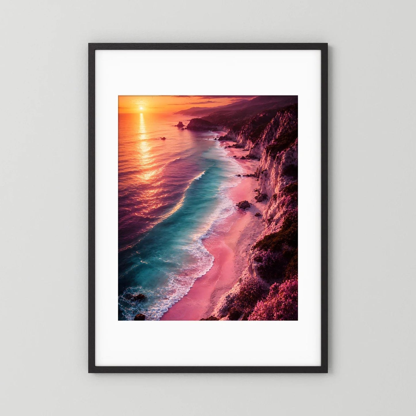 Hochformat-Poster Sonnenuntergangsküste mit Meer und Strand, schwarzer Rahmen mit weißem Rand