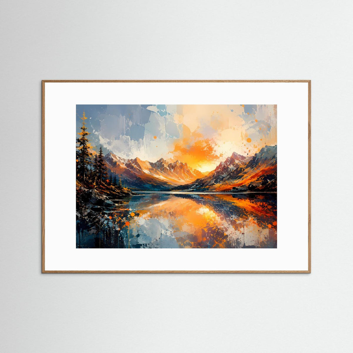 Gerahmtes Kunstdruckbild im braunen Holzrahmen: Berglandschaft mit Bergsee, orange und blau