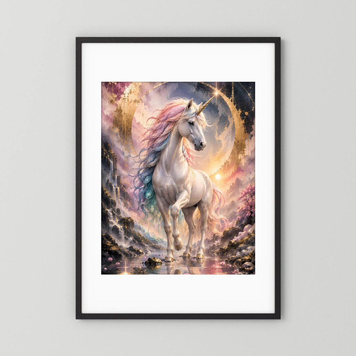 Einhorn-Poster im schwarzen Rahmen mit weißem Passepartout, graues Pferd im Gold-Lichtkreis
