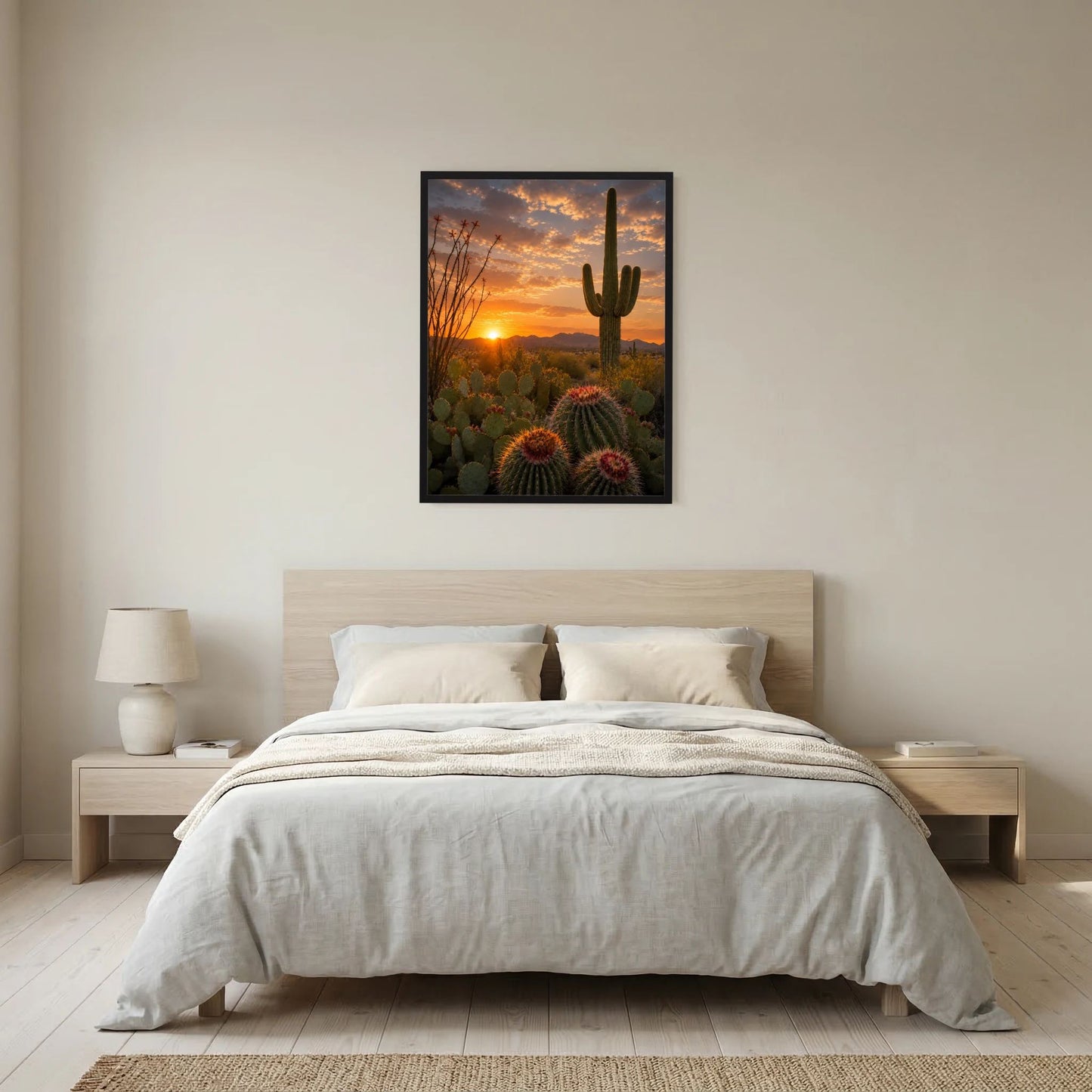 Gerahmtes Poster im Hochformat mit Kakteenlandschaft und Sonnenuntergang in der Wüste