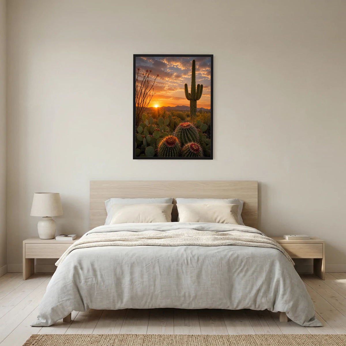 Gerahmtes Poster im Hochformat mit Kakteenlandschaft und Sonnenuntergang in der Wüste