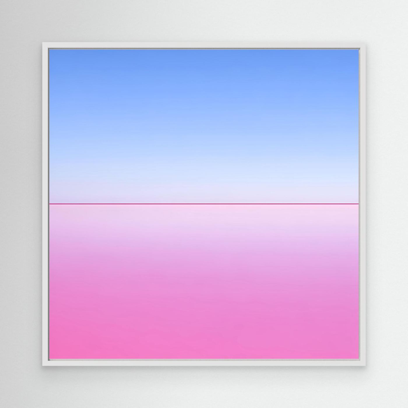 Leinwandbild mit abstraktem Horizont, Blau- und Rosatöne, weißer Rahmen