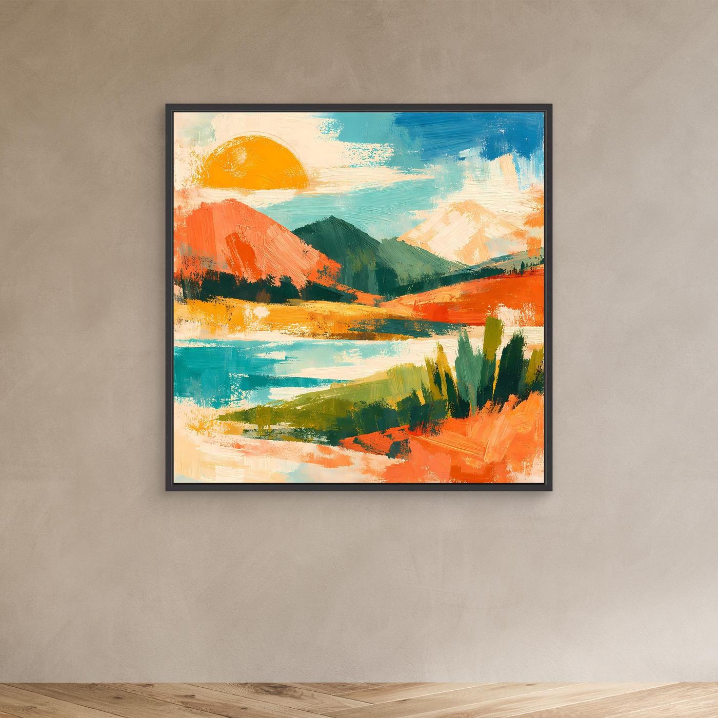 Gerahmtes Leinwandbild mit abstrakter See- und Berglandschaft, orange Sonne, schwarzer Rahmen