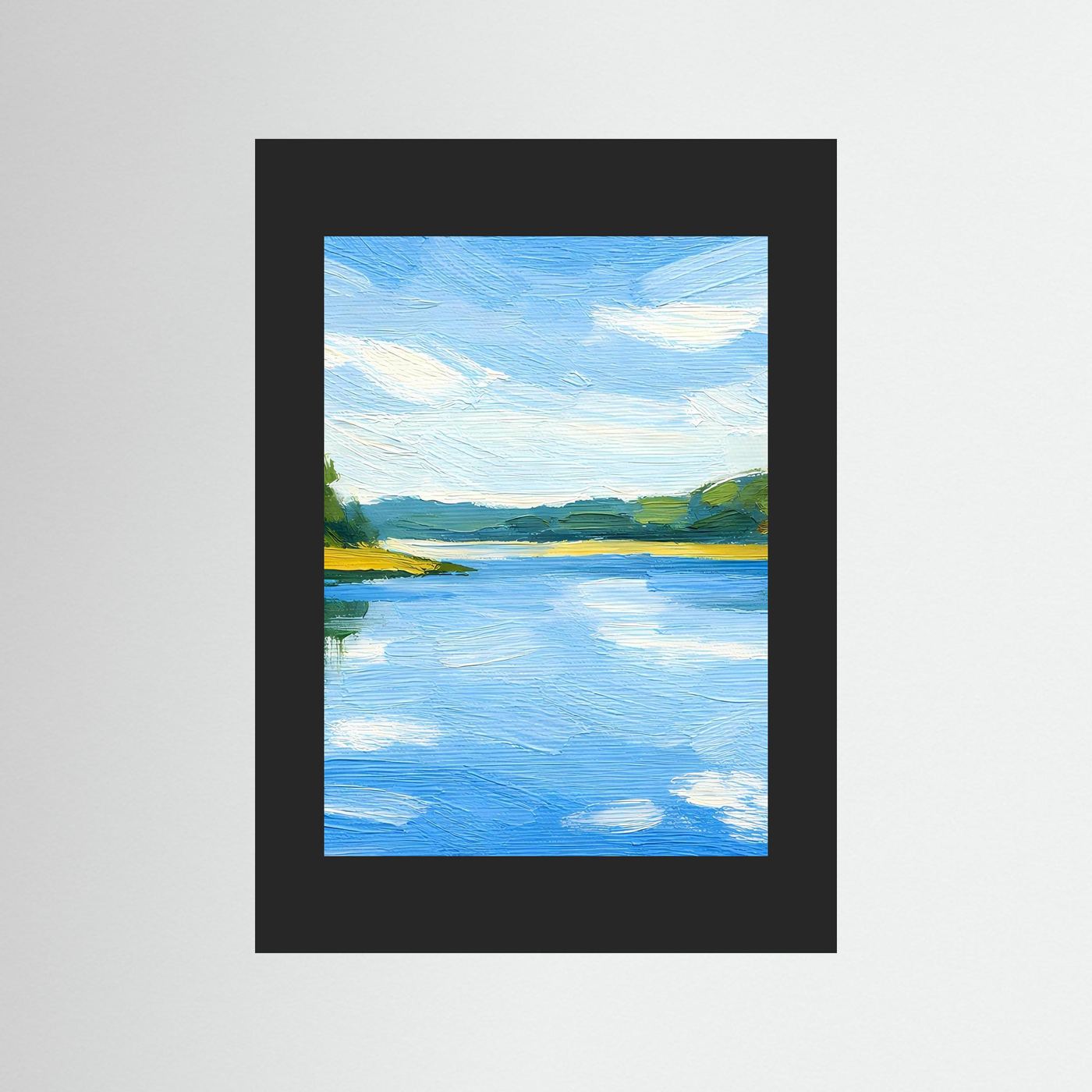 Poster mit blauer Flusslandschaft im Sommer, schwarzer Rahmen