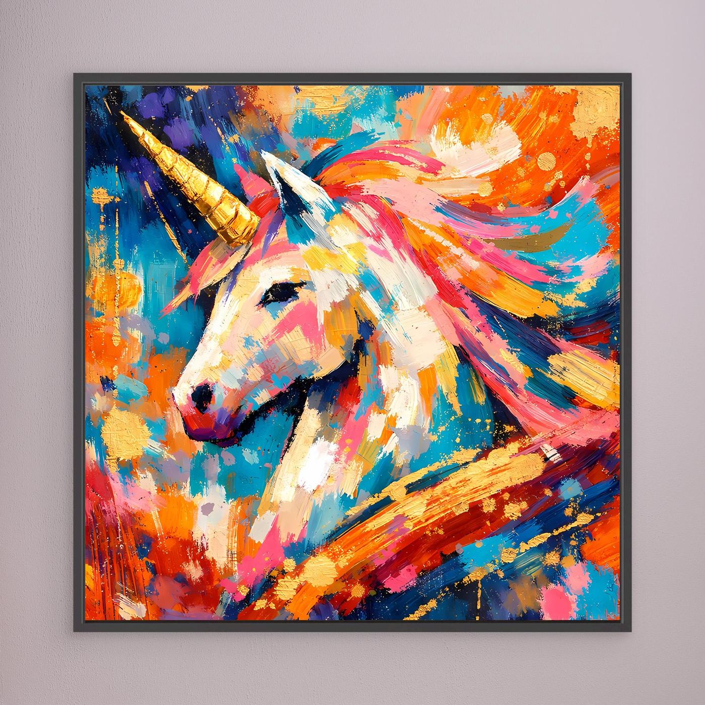 Leinwandbild mit abstraktem Einhornmotiv im schwarzen Rahmen, farbenfrohes Design