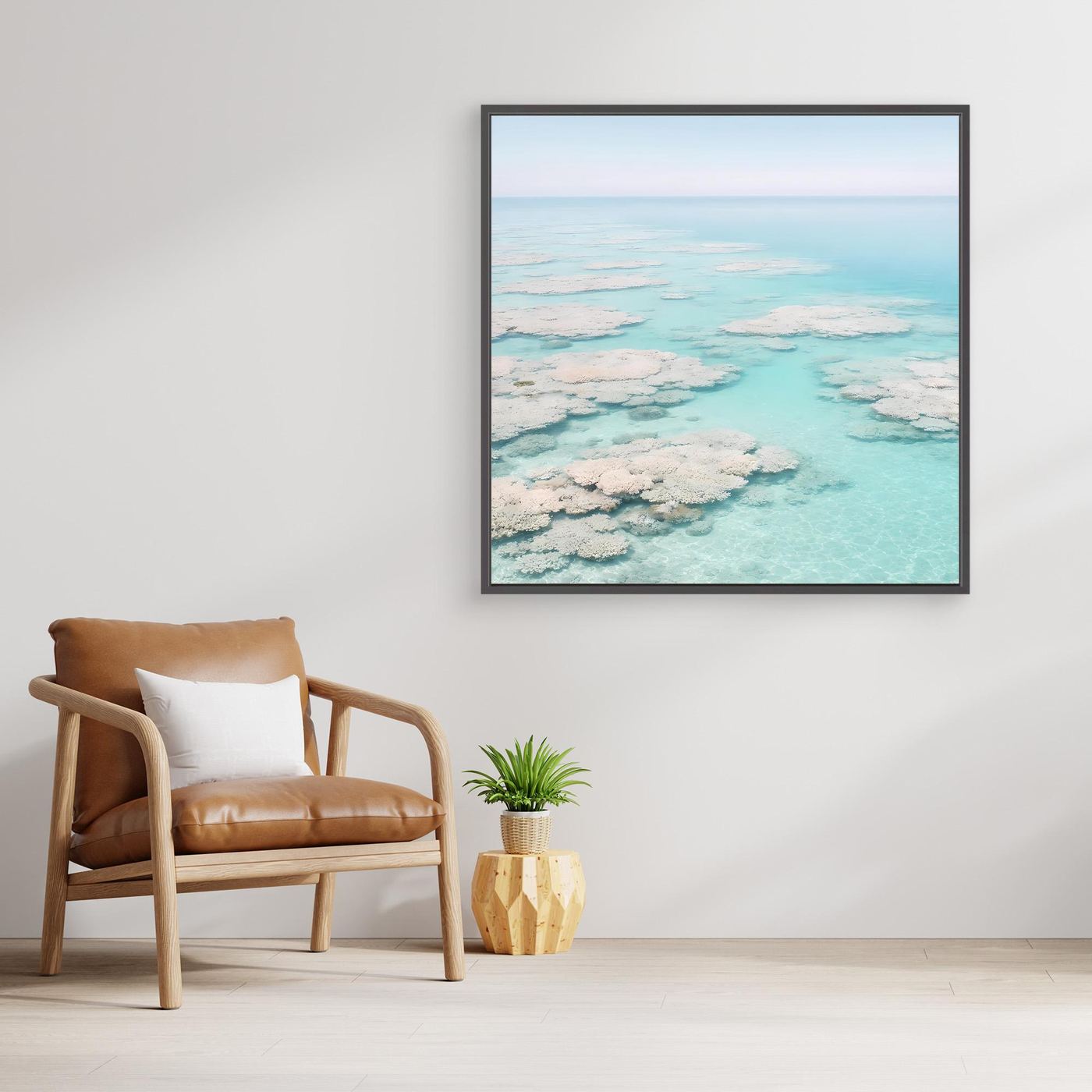 Quadratisches Leinwandbild Korallenmeer in Türkis, schwarzer Rahmen