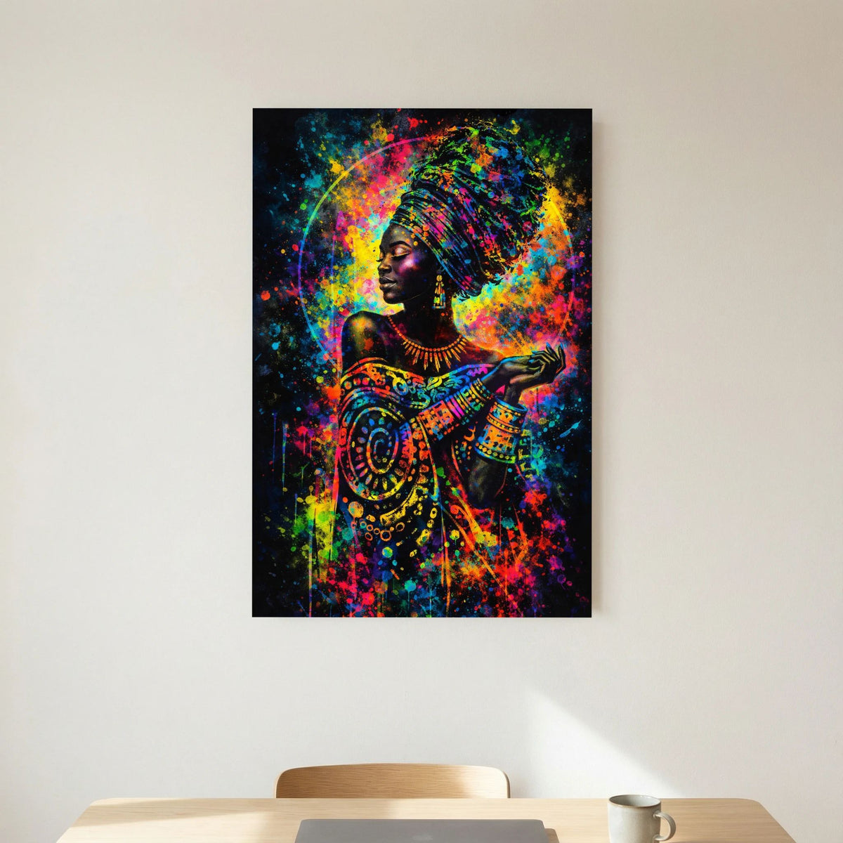 Wandbild mit Profilansicht einer Frau, abstrakt, Regenbogen-Farbspritzer, schwarzer Rahmen
