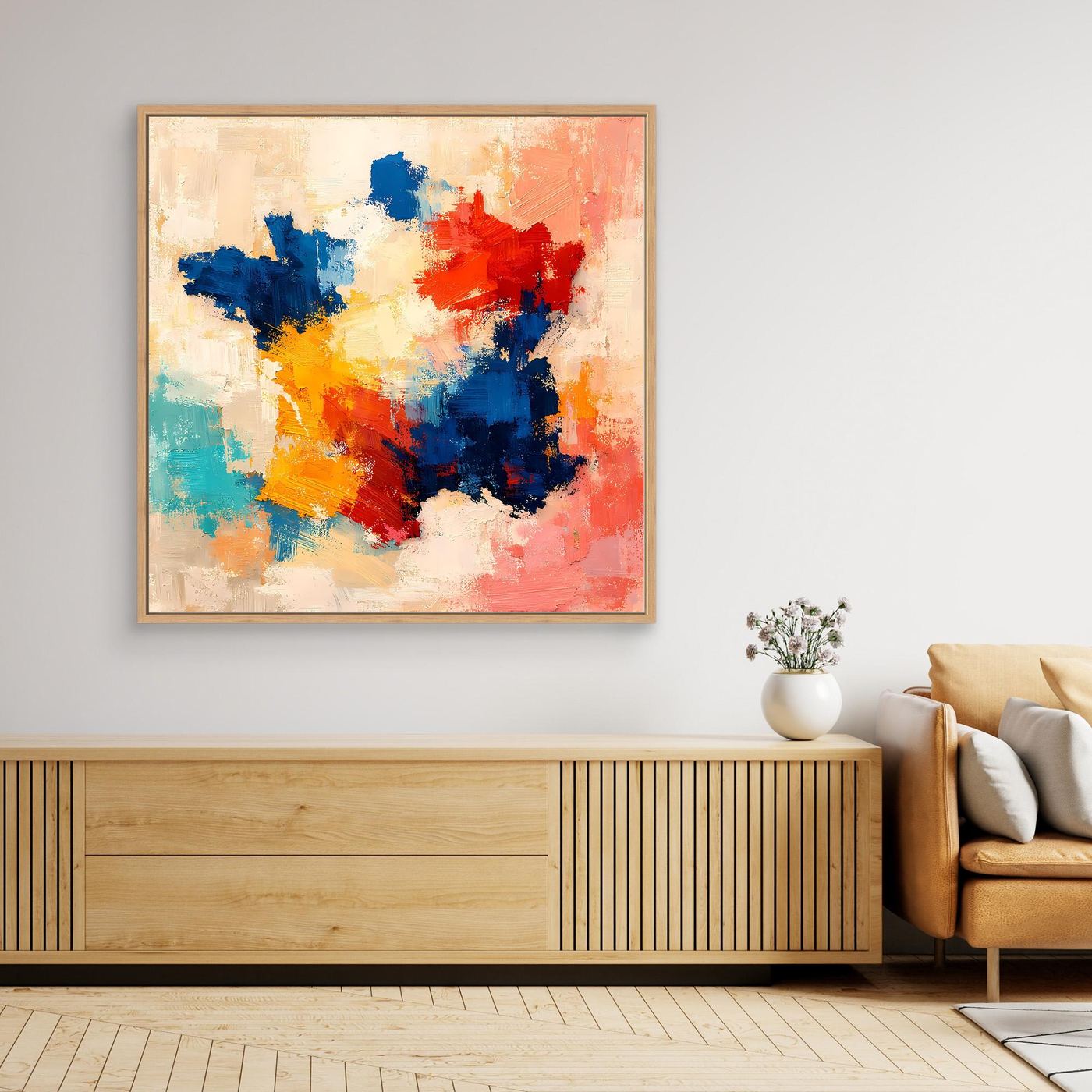 Abstract canvas wall art with blue, red, yellow, and teal paint splashes, tan wood frame.