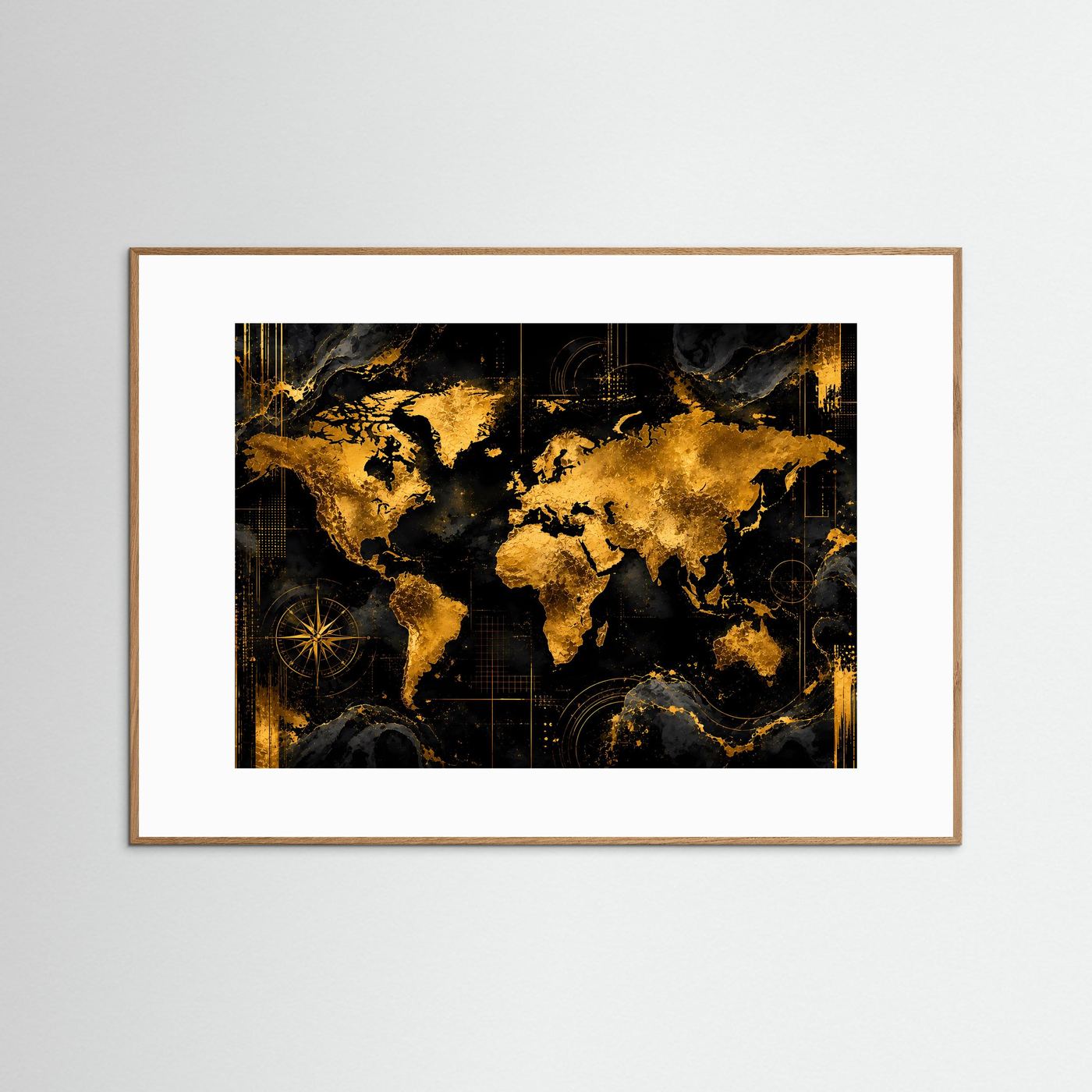 Weltkarte-Poster im hellen Holrahmen, abstrakte Weltkarte in Schwarz und Gold, quer