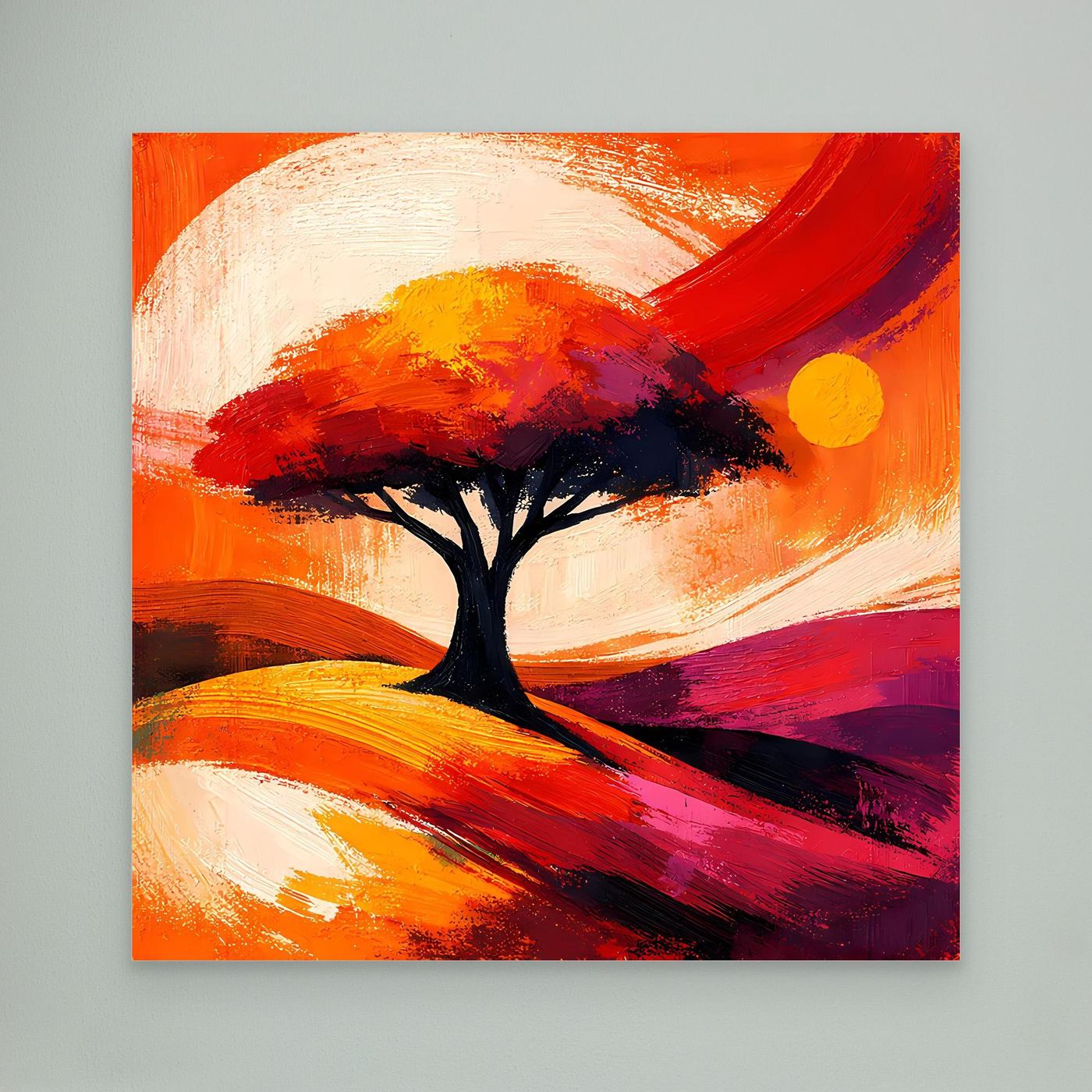Leinwandbild mit abstrakter Baum-Silhouette in warmen Farben, gelber Kreis, ohne Rahmen