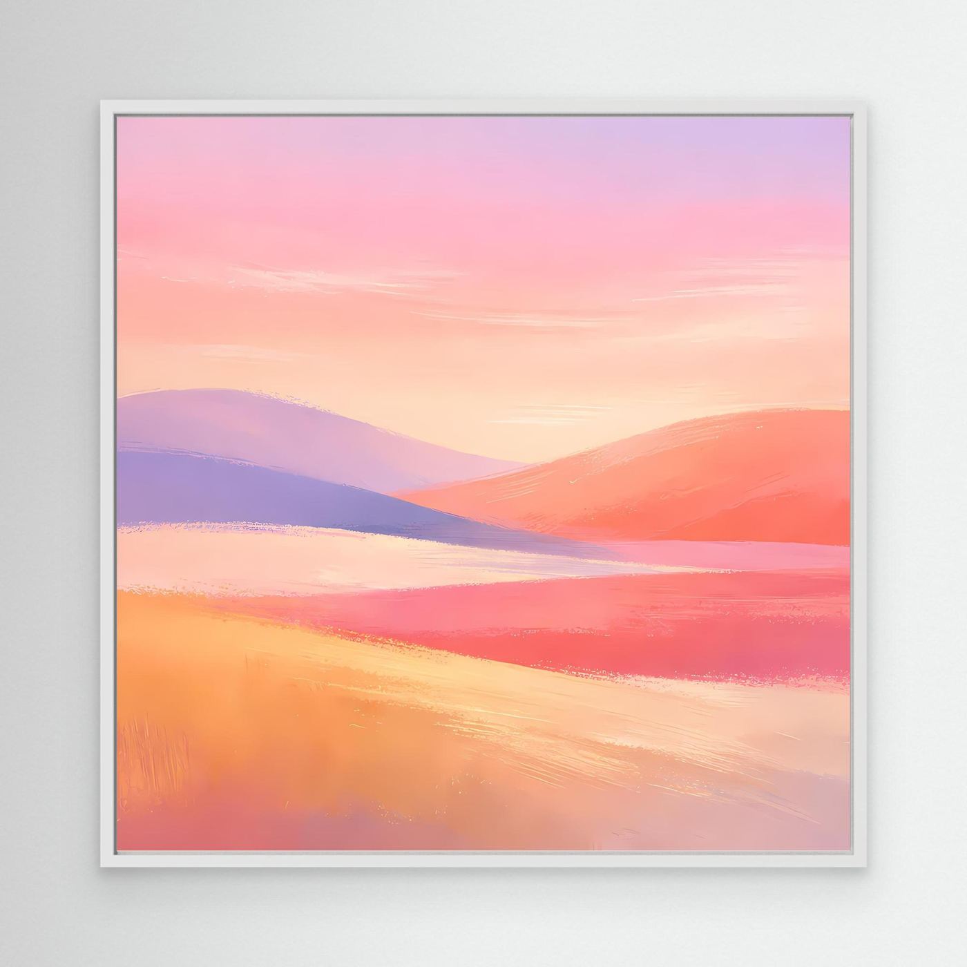 Leinwandbild mit abstrakter Hügellandschaft in Pastellfarben im weißen Rahmen: Rosa, Lila, Orange.