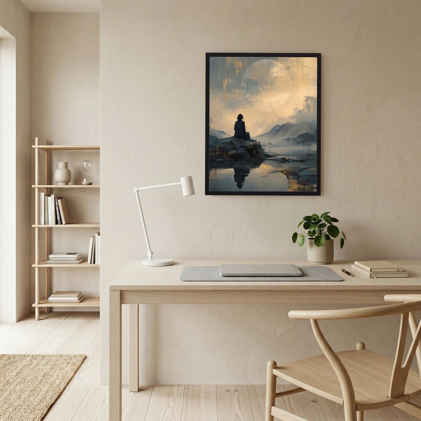 Meditationsposter im schwarzen Rahmen, Meditierende auf Felsen mit ruhigem See