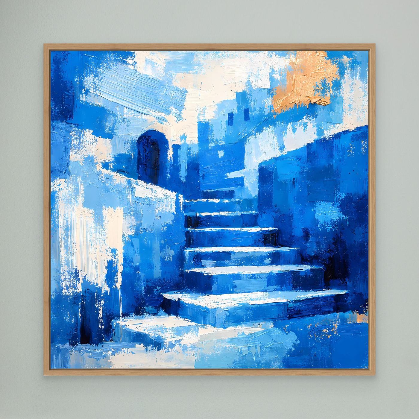 Abstraktes Leinwandbild mit blauer Gasse, Treppenstufen und orange Akzenten, Holzrahmen