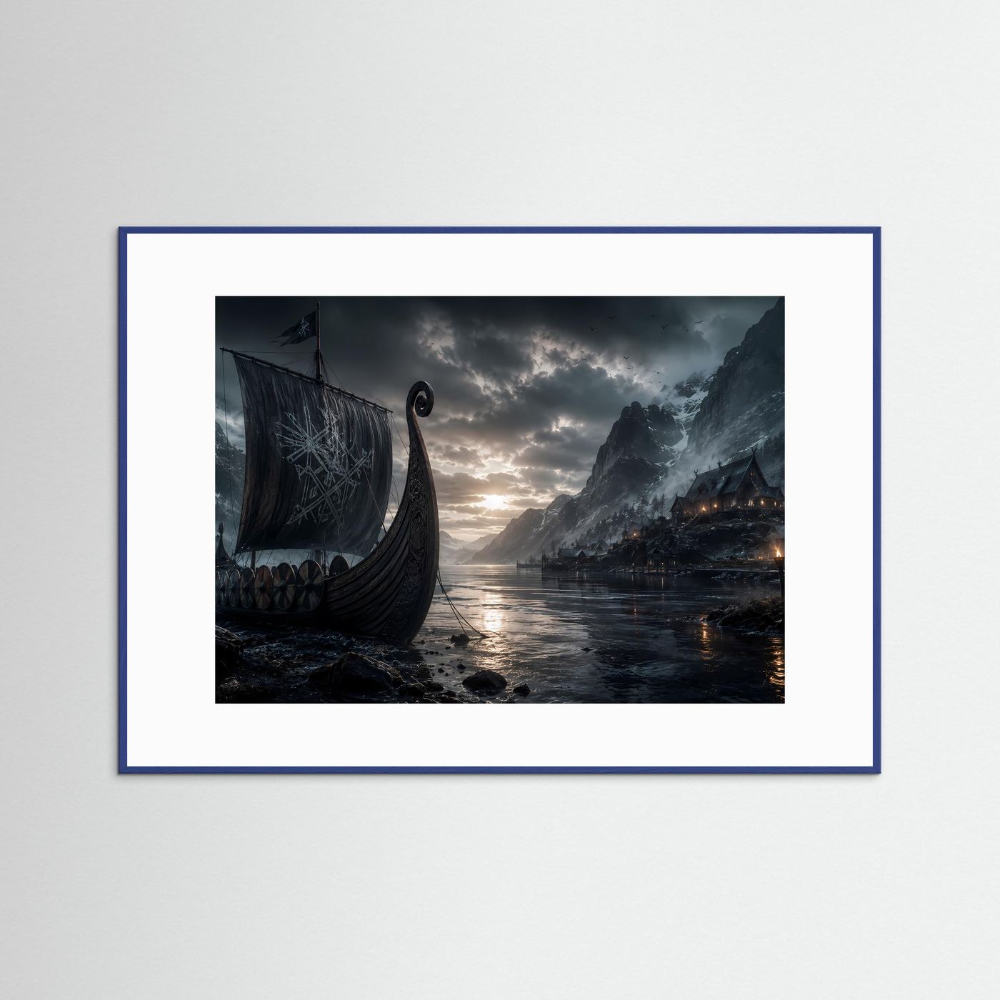 Wikinger im Fjord | Mystisches Langschiff zwischen Bergen – Nordische Wandkunst
