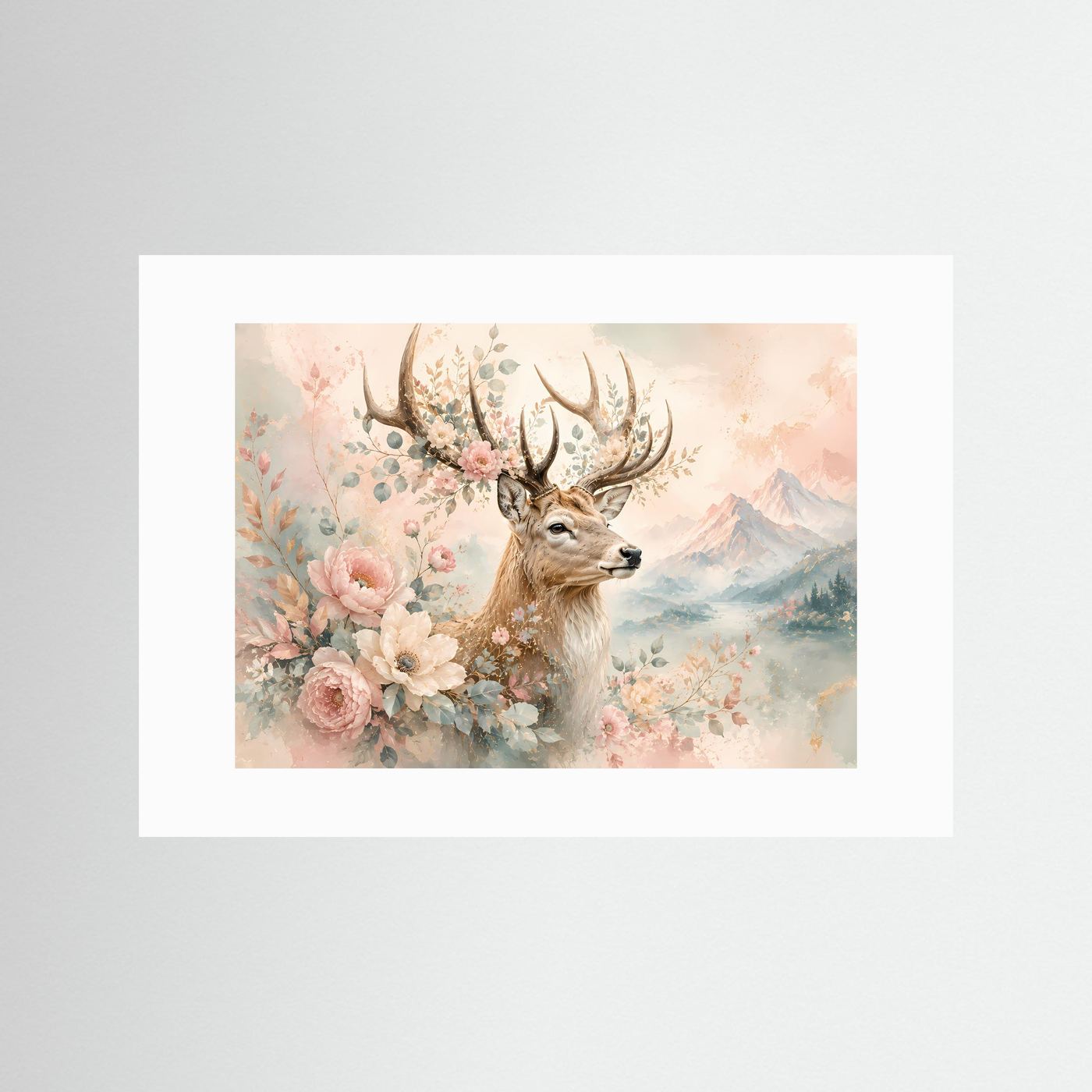 Hirsch mit Blumen Poster | Floraler Hirsch in Pastellfarben | Elegante Natur Wandkunst | Romantische Berglandschaft | Premium Leinwand & Wall Art