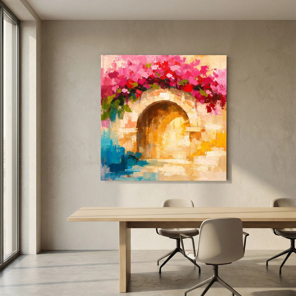 Leinwand-Wandbild Torbogen mit Bougainvillea, Farben in Pink, Orange und Blau