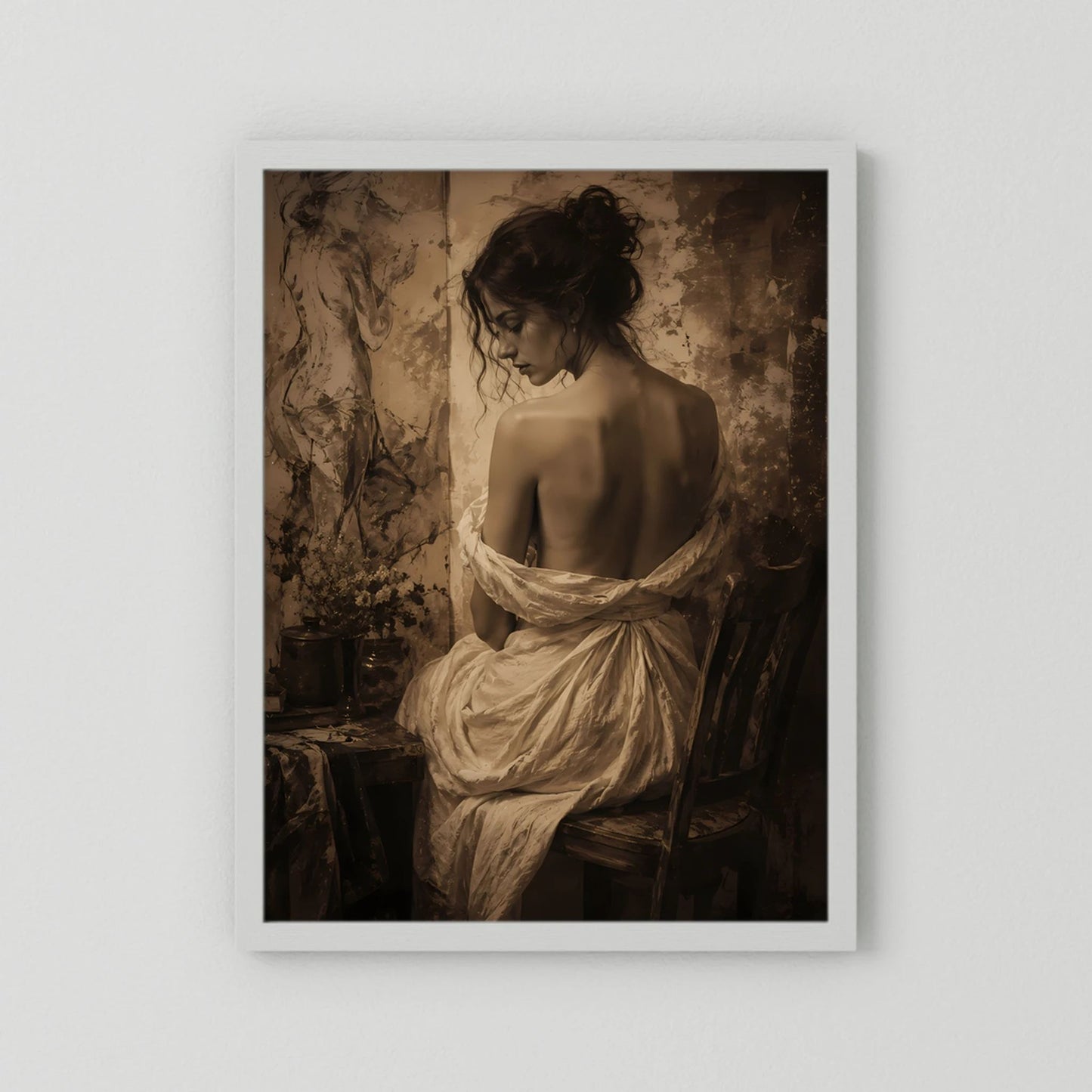 Kunstposter mit Sepia-Porträt einer Frau, weißer Rahmen, mit Passepartout