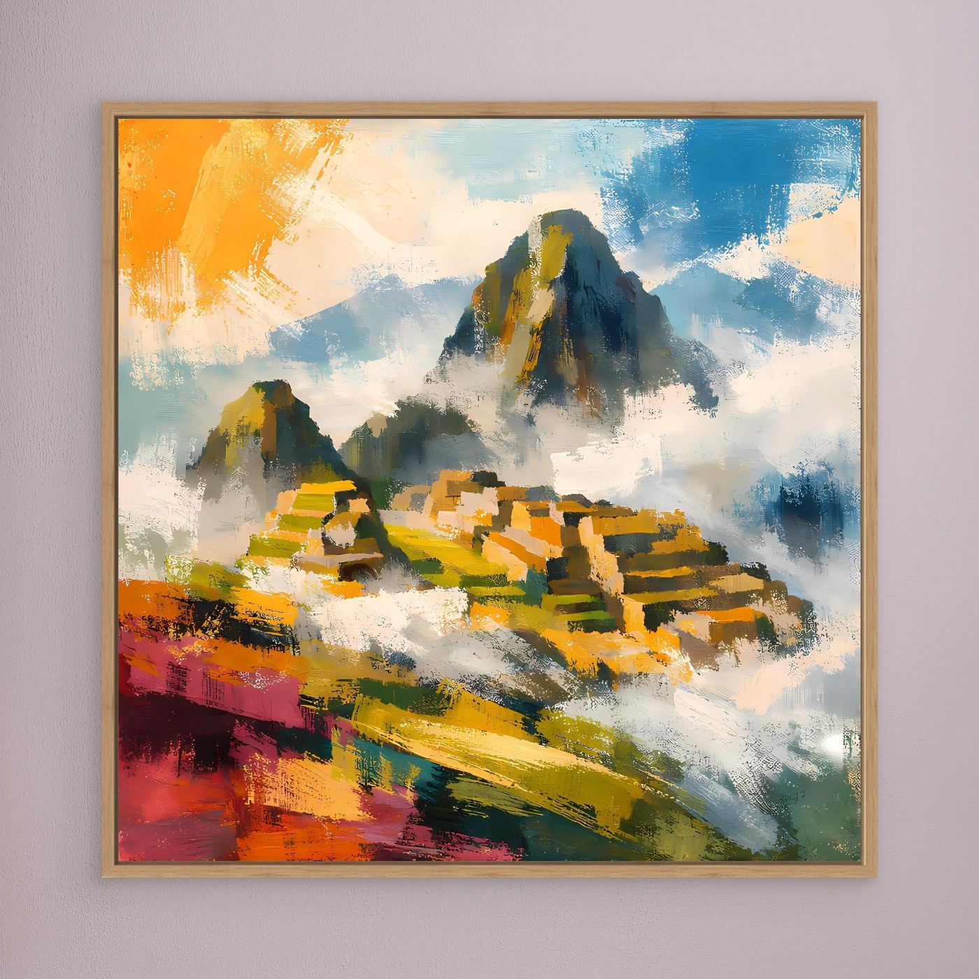 Abstraktes Wandbild mit bunten Pinselstrichen und Berglandschaft, im Holzrahmen