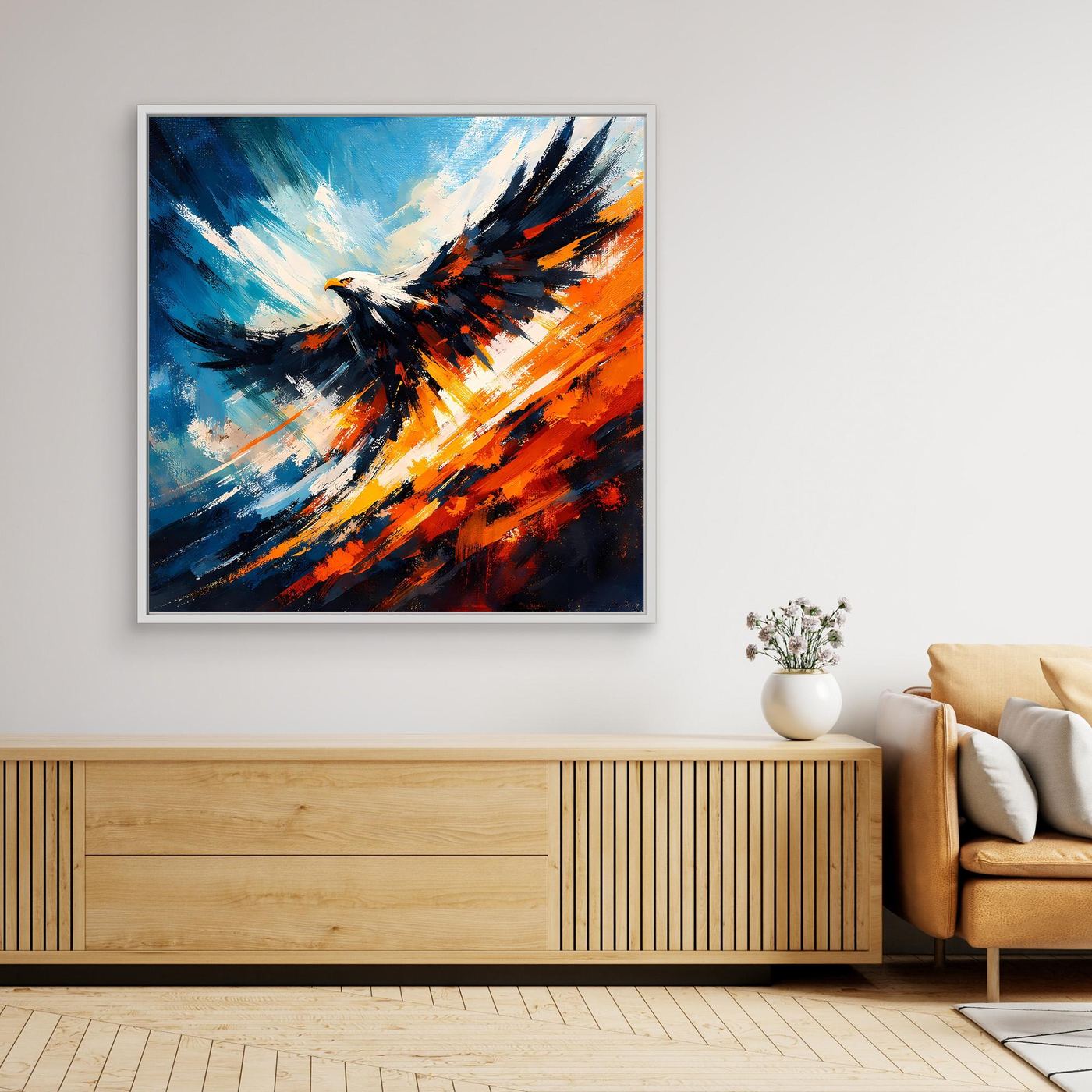 Gerahmtes Leinwandbild mit abstraktem Adler in Blau, Schwarz und Orange