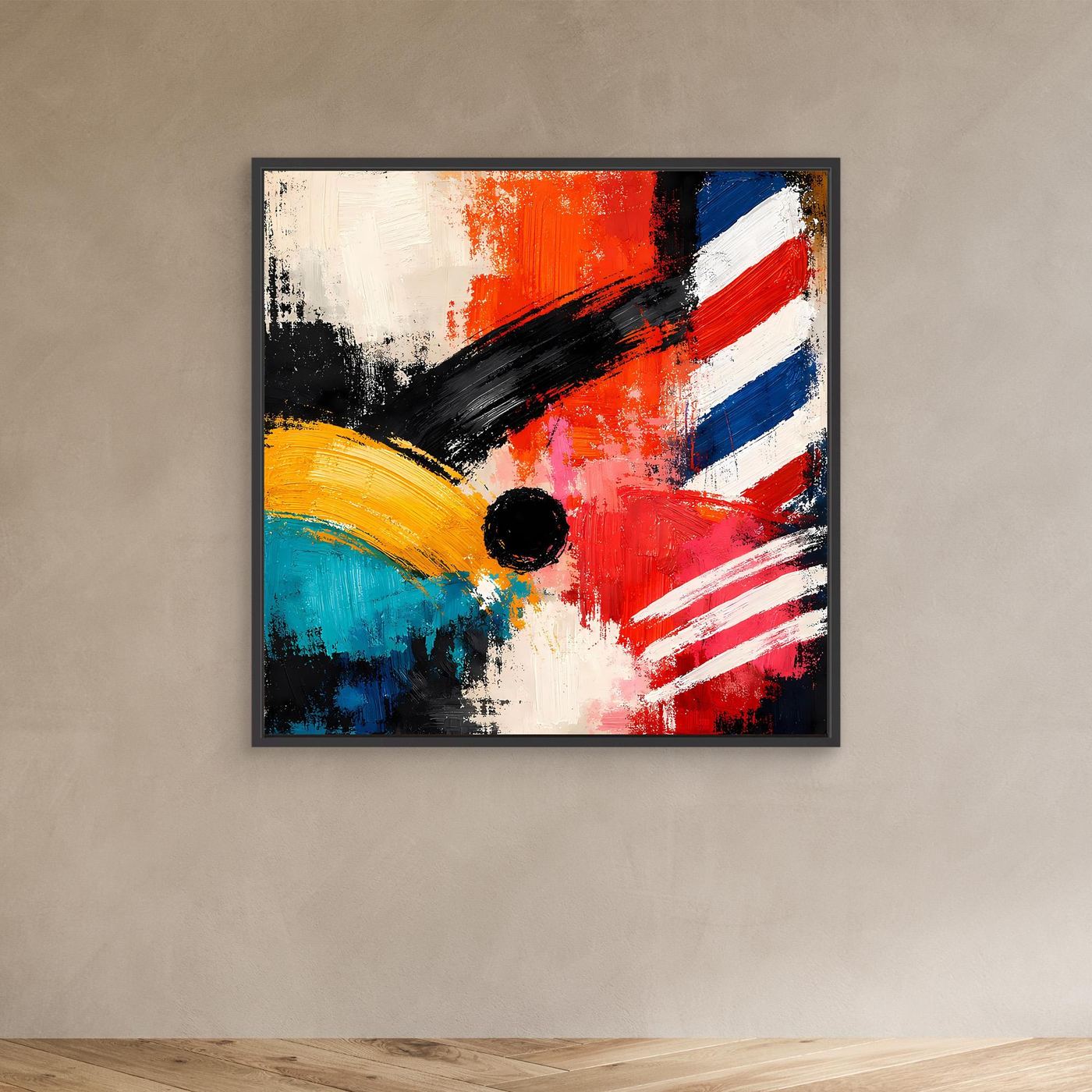 Abstract canvas wall art with dark frame: red, blue, white stripes and black circle