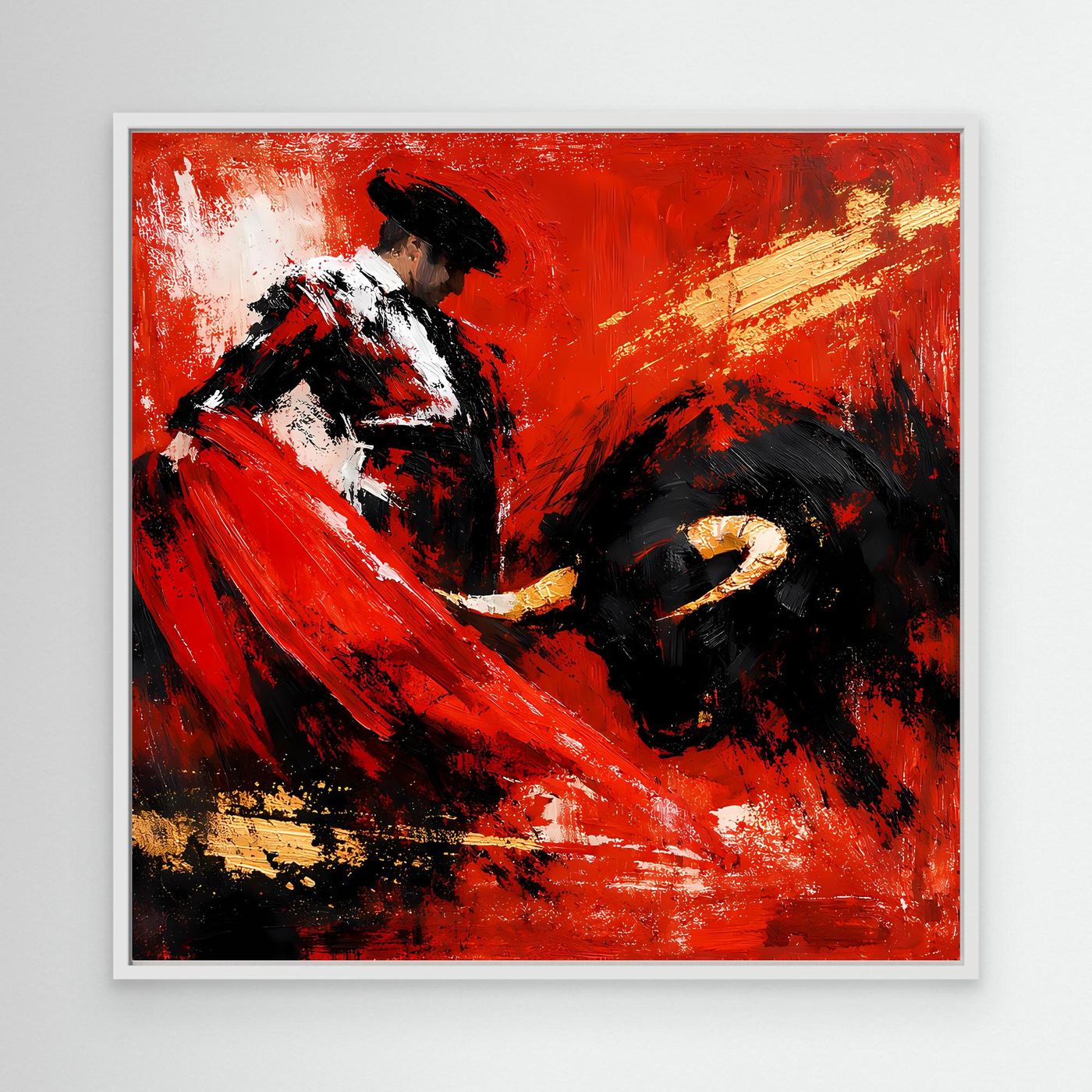 Leinwand-Wandbild im weißen Rahmen mit abstraktem Torero und Stier, Rot und Schwarz