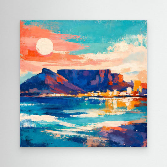 Abstraktes Leinwandbild mit Berg- und Meerszene, Sonne und farbiger Skyline