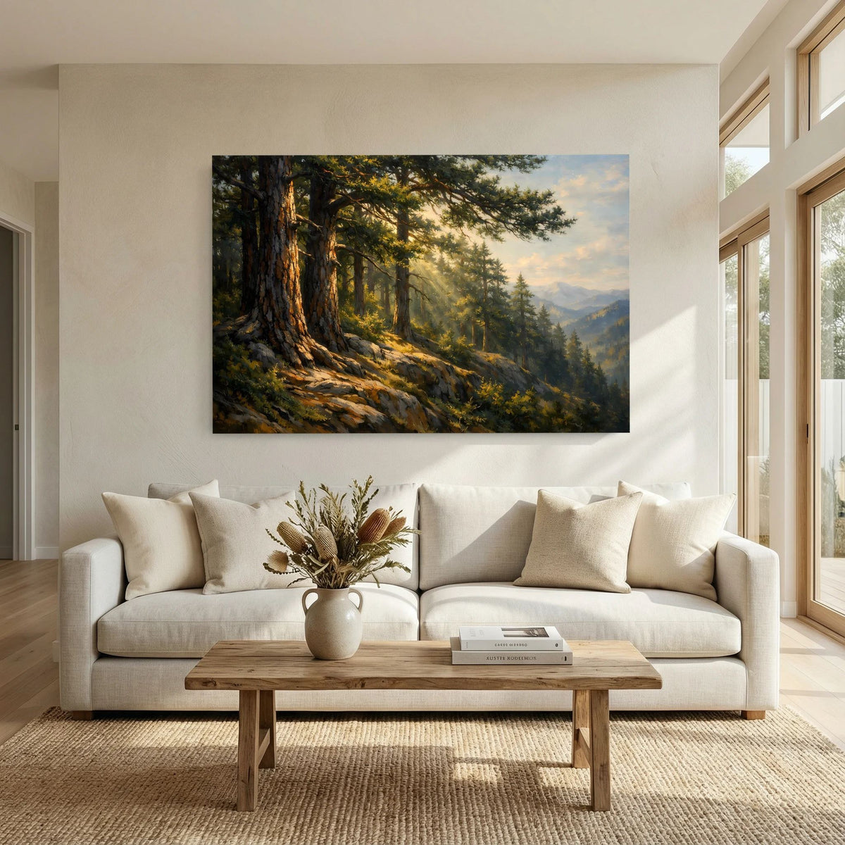 Wandbild im Querformat mit dichten Nadelbäumen, Berghängen und warmen Lichtstrahlen