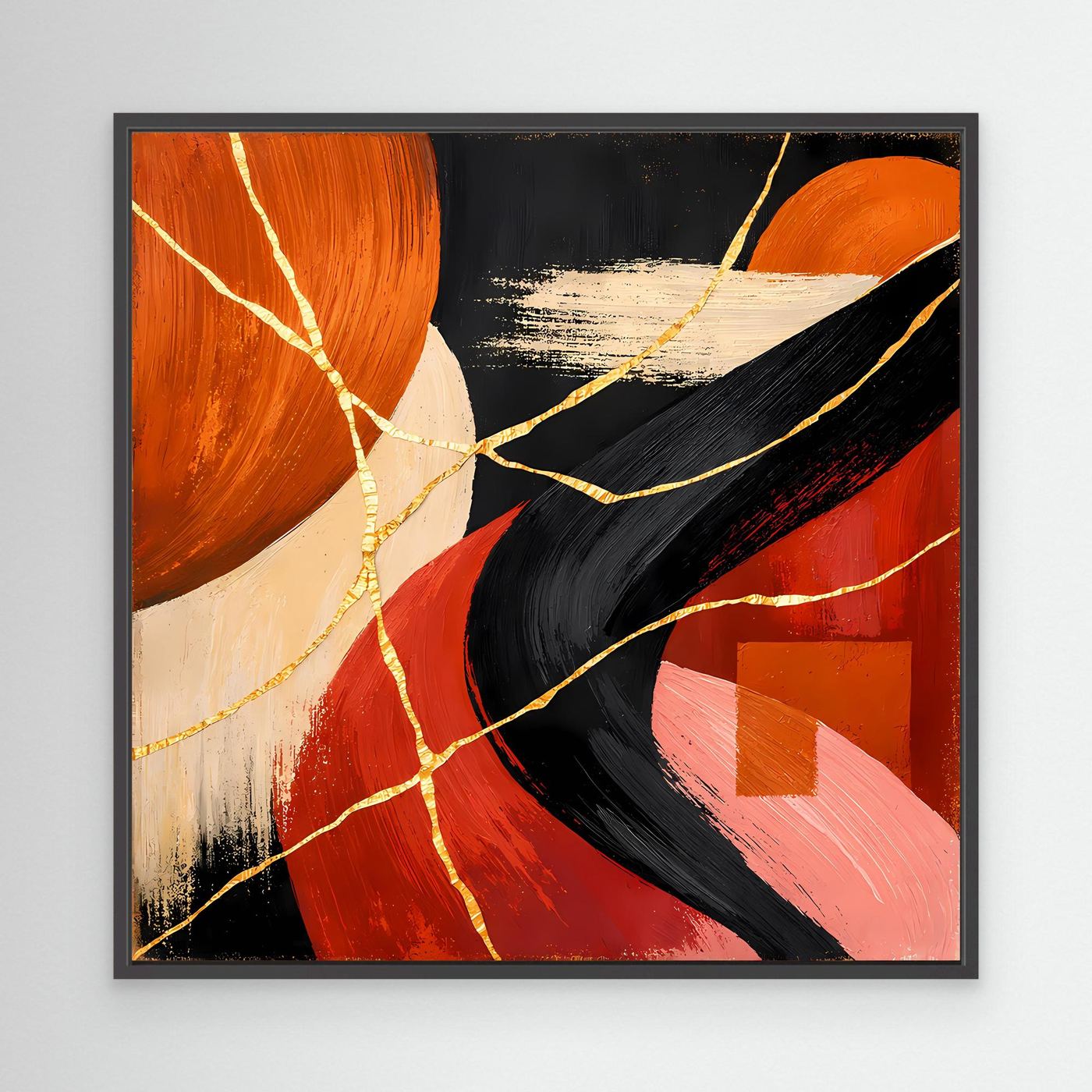 Abstraktes Leinwandbild mit goldenen Risslinien, roten und schwarzen Kurven, schwarzer Rahmen