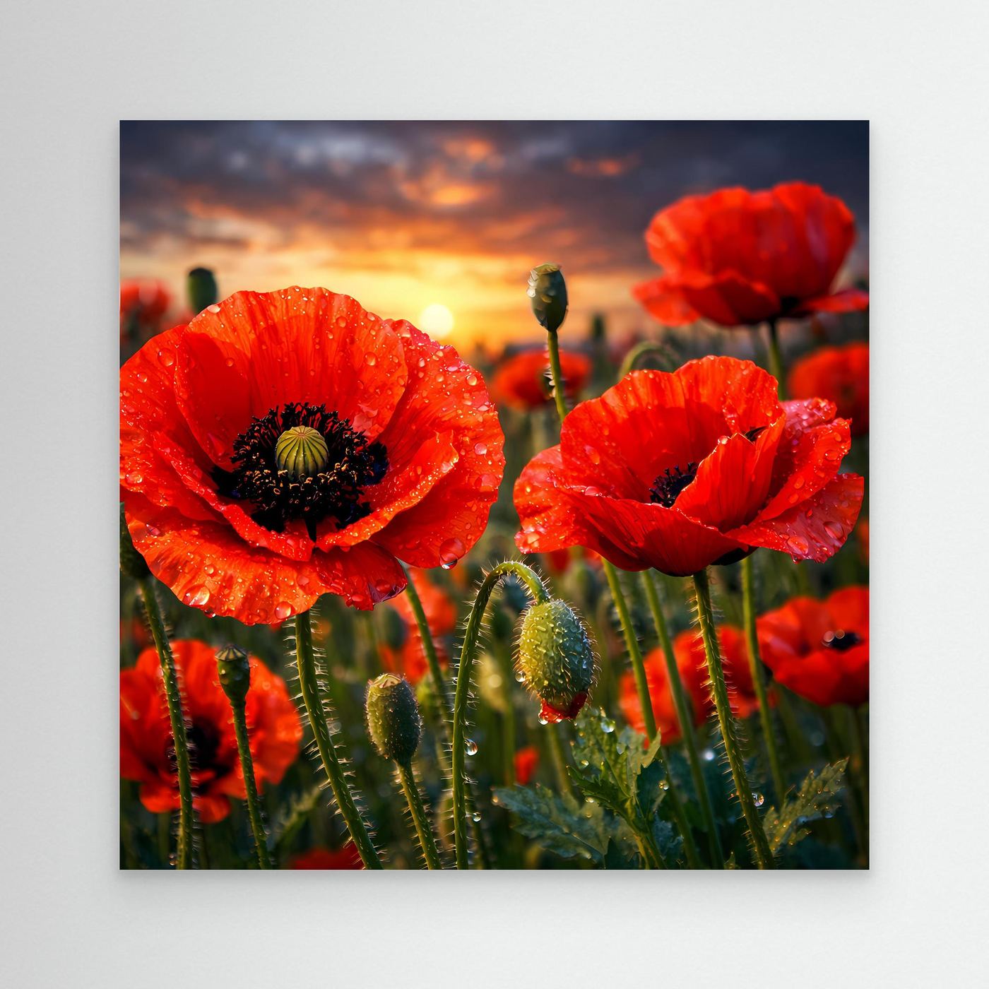 Leinwandbild mit roten Klatschmohnblüten im Sonnenuntergang, ohne sichtbaren Rahmen