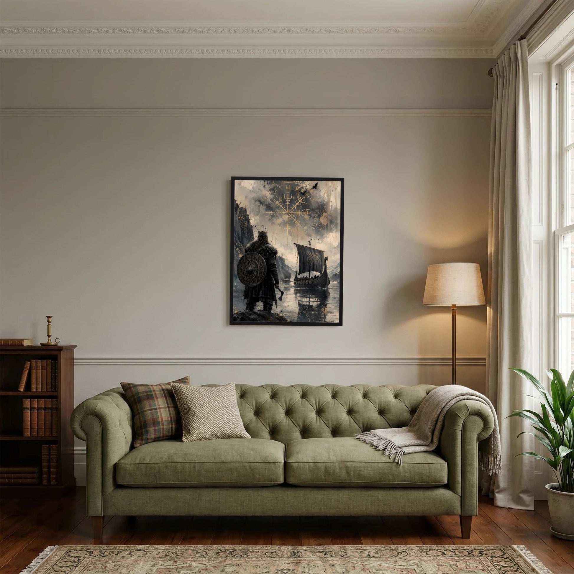 Hochformat-Poster mit Wikingerkrieger, Langschiff und Runensymbolen im schwarzen Rahmen