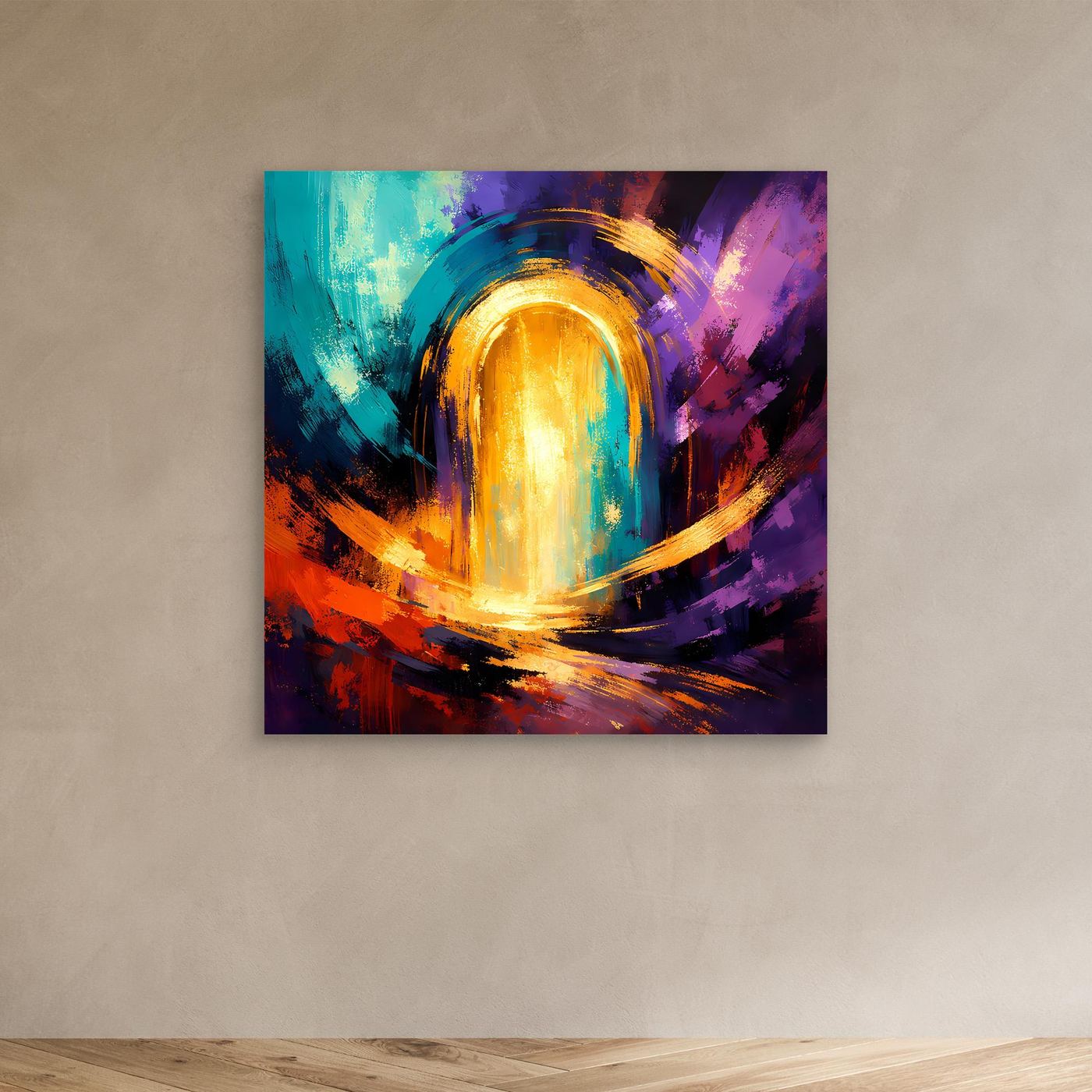 Abstraktes Leinwand-Wandbild mit goldenem Lichttor und wirbelnden Pinselstrichen in Blau, Lila, Orange