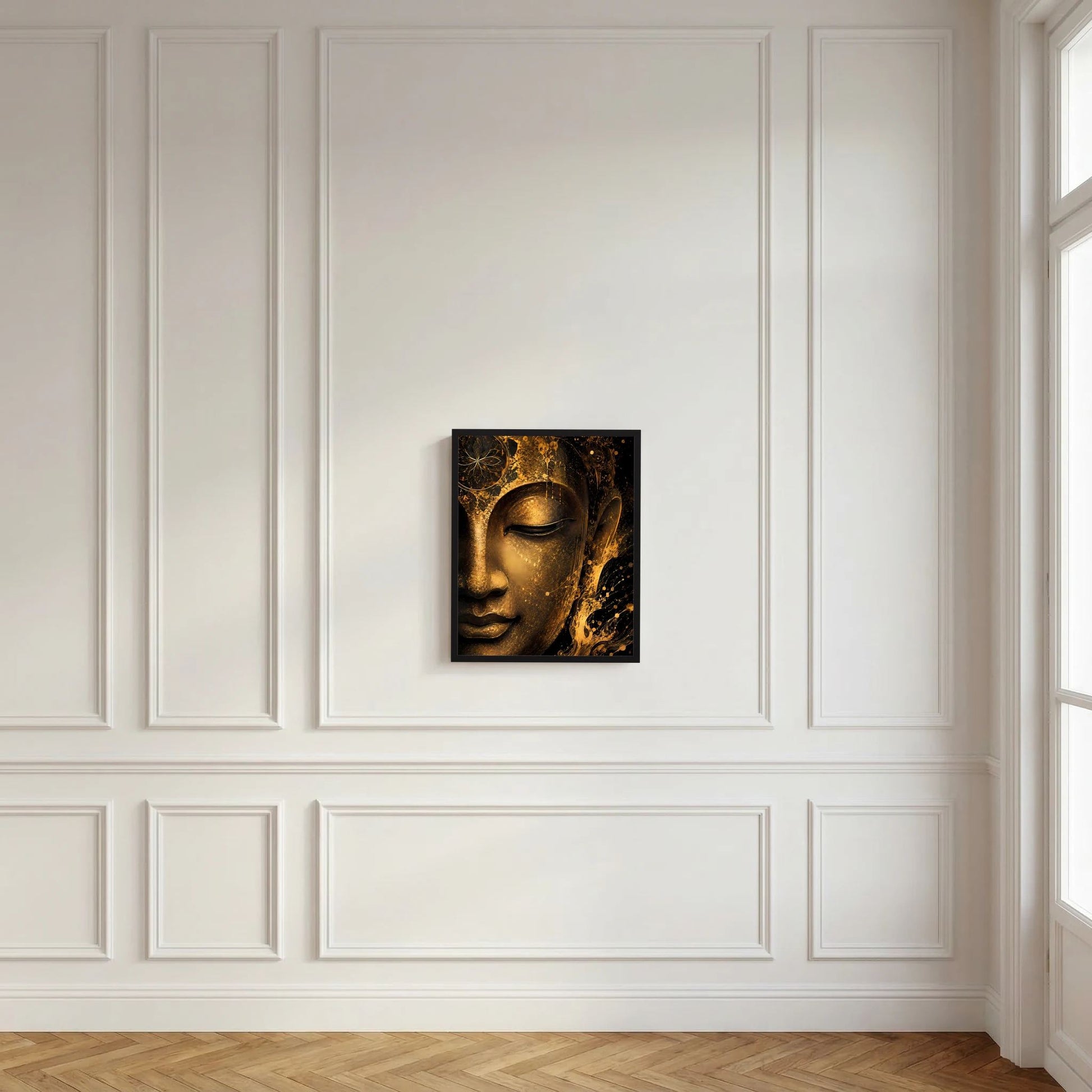 Abstraktes Buddha-Gesicht Poster im schwarzen Rahmen, ruhiges Gesicht in Schwarz und Gold