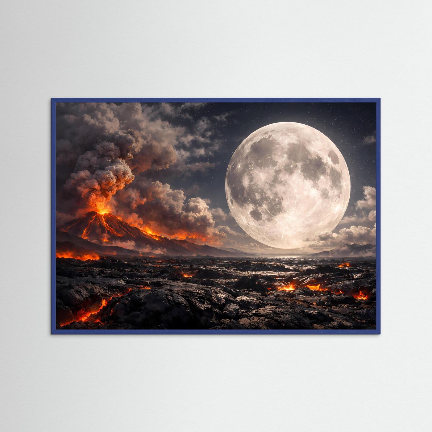 Fantasy-Poster: Vulkan-Ausbruch bei Nacht mit riesigem Vollmond, blauer Rahmen