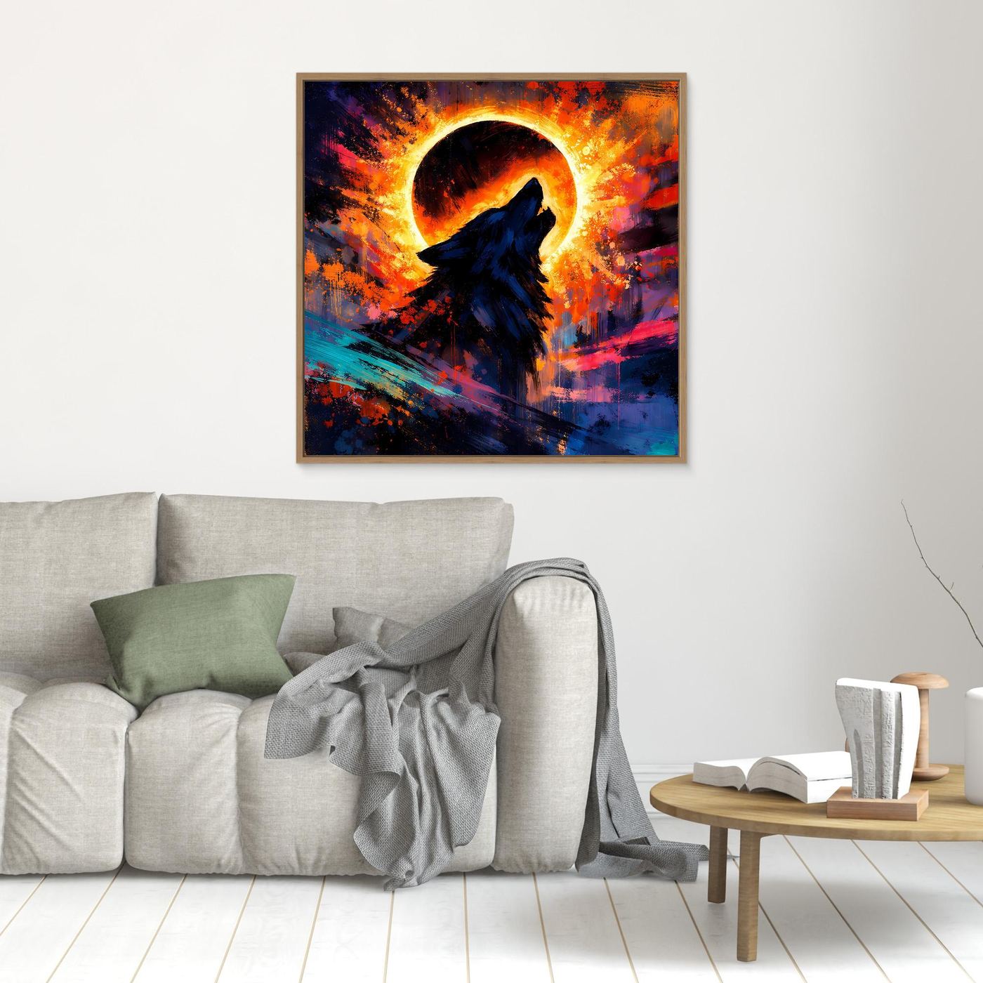 Wandbild mit heulendem Wolf vor Sonnenfinsternis im Kreis, farbige Pinselstriche, brauner Rahmen