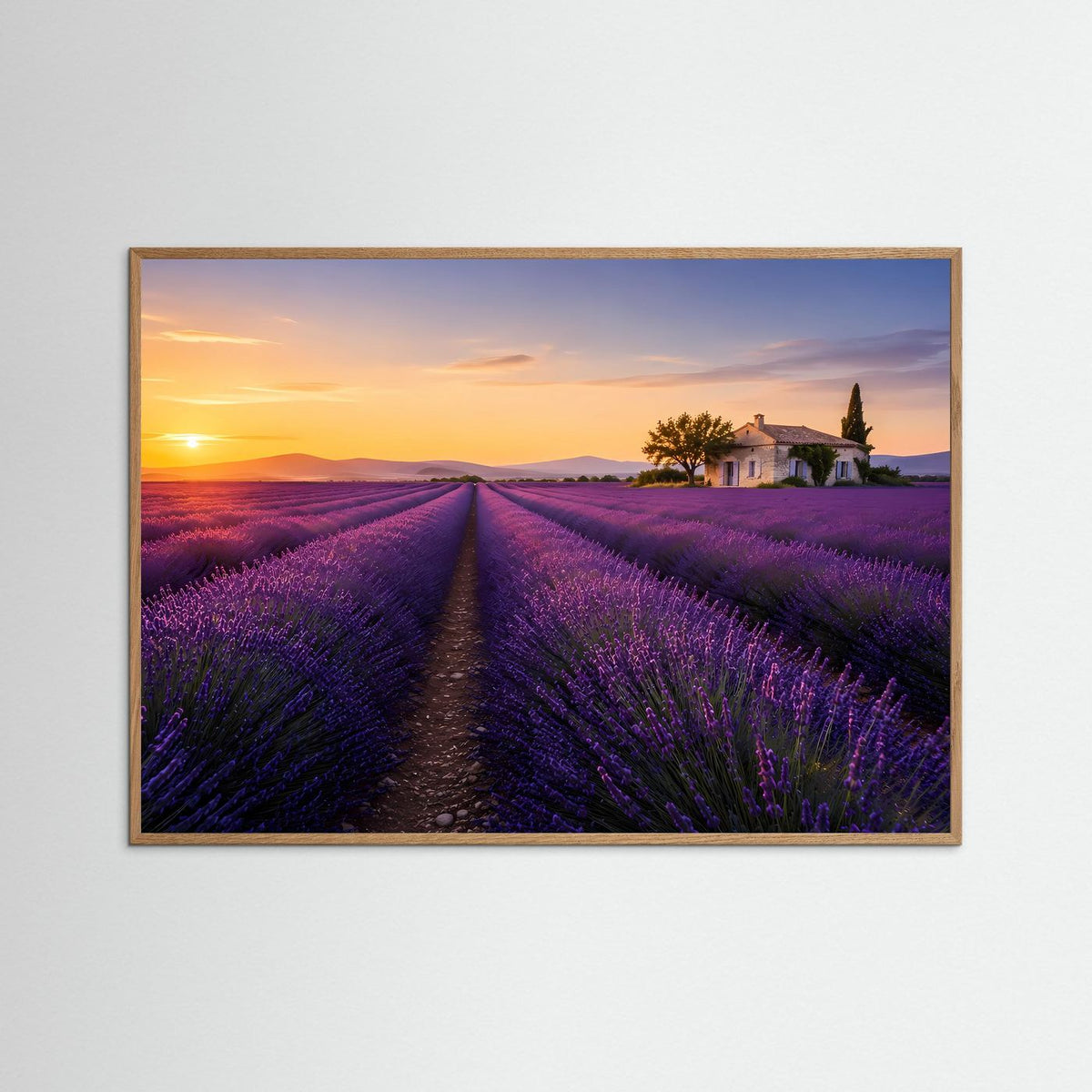 Querformatiges Poster mit Lavendelfeld und Landhaus bei Sonnenuntergang, im braunen Holzrahmen