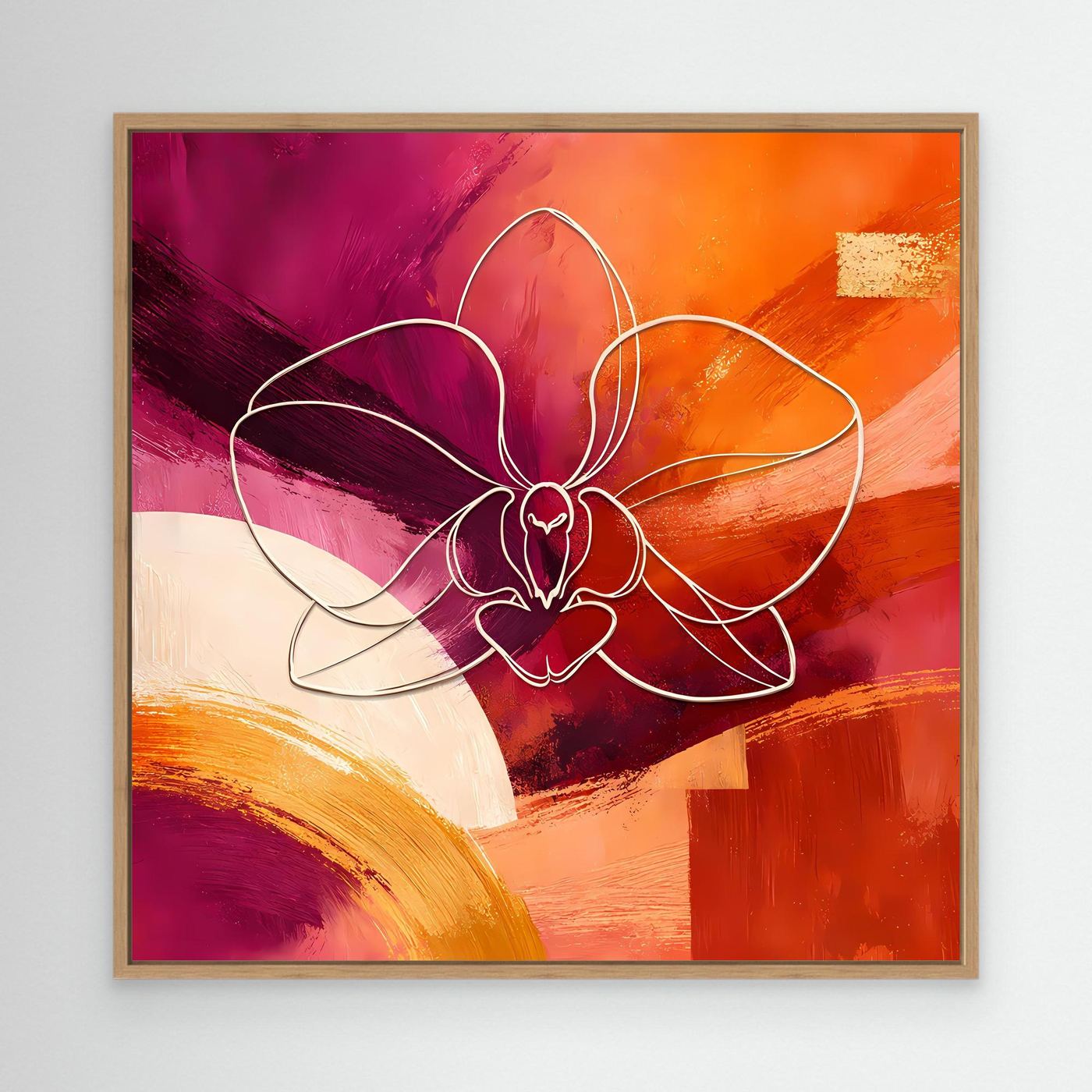 Leinwandbild mit abstrakter Orchidee, warmes Farbenspiel, hellbrauner Holzrahmen