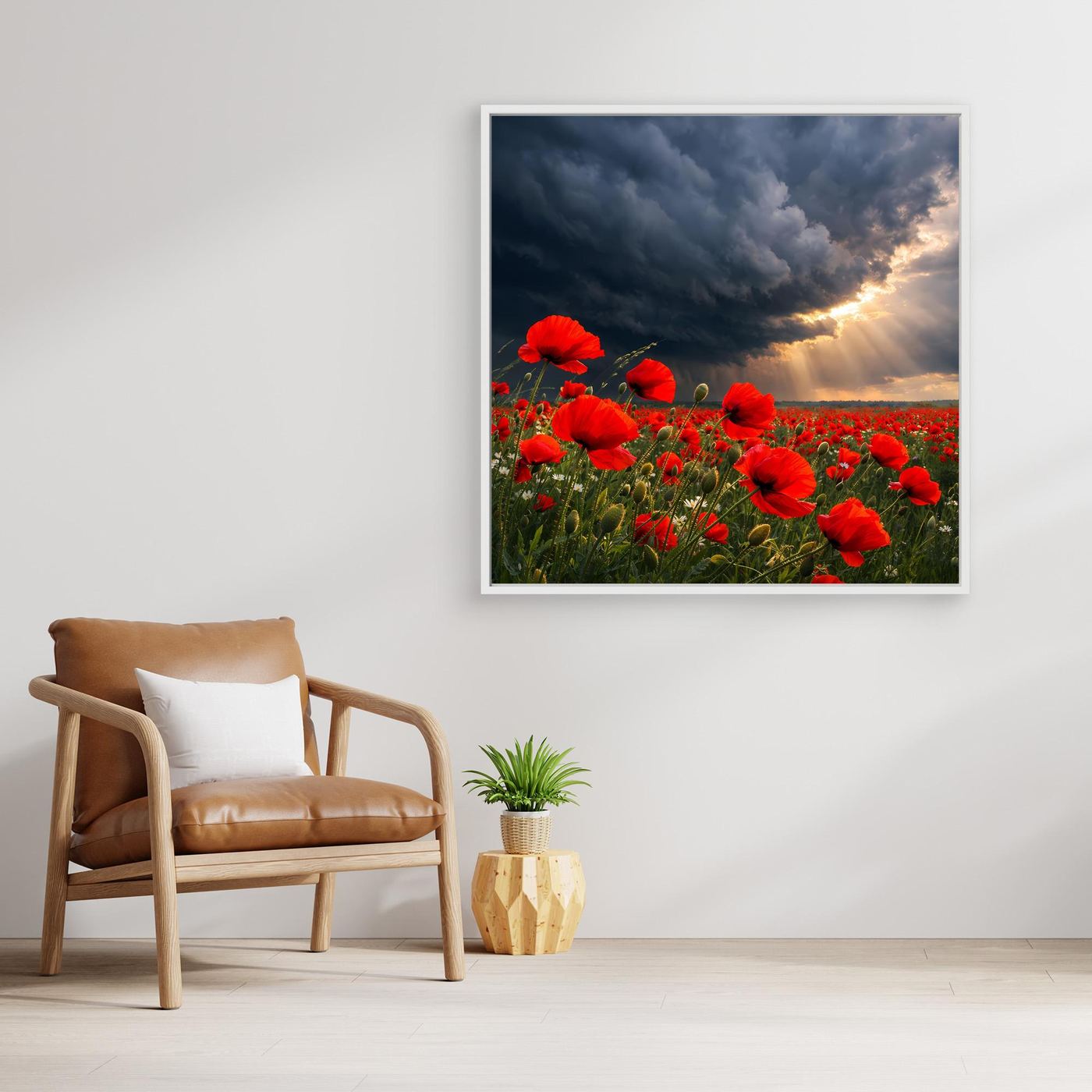 Leinwandbild mit roten Mohnblumen, weiß gerahmt, dramatischer Gewitterhimmel
